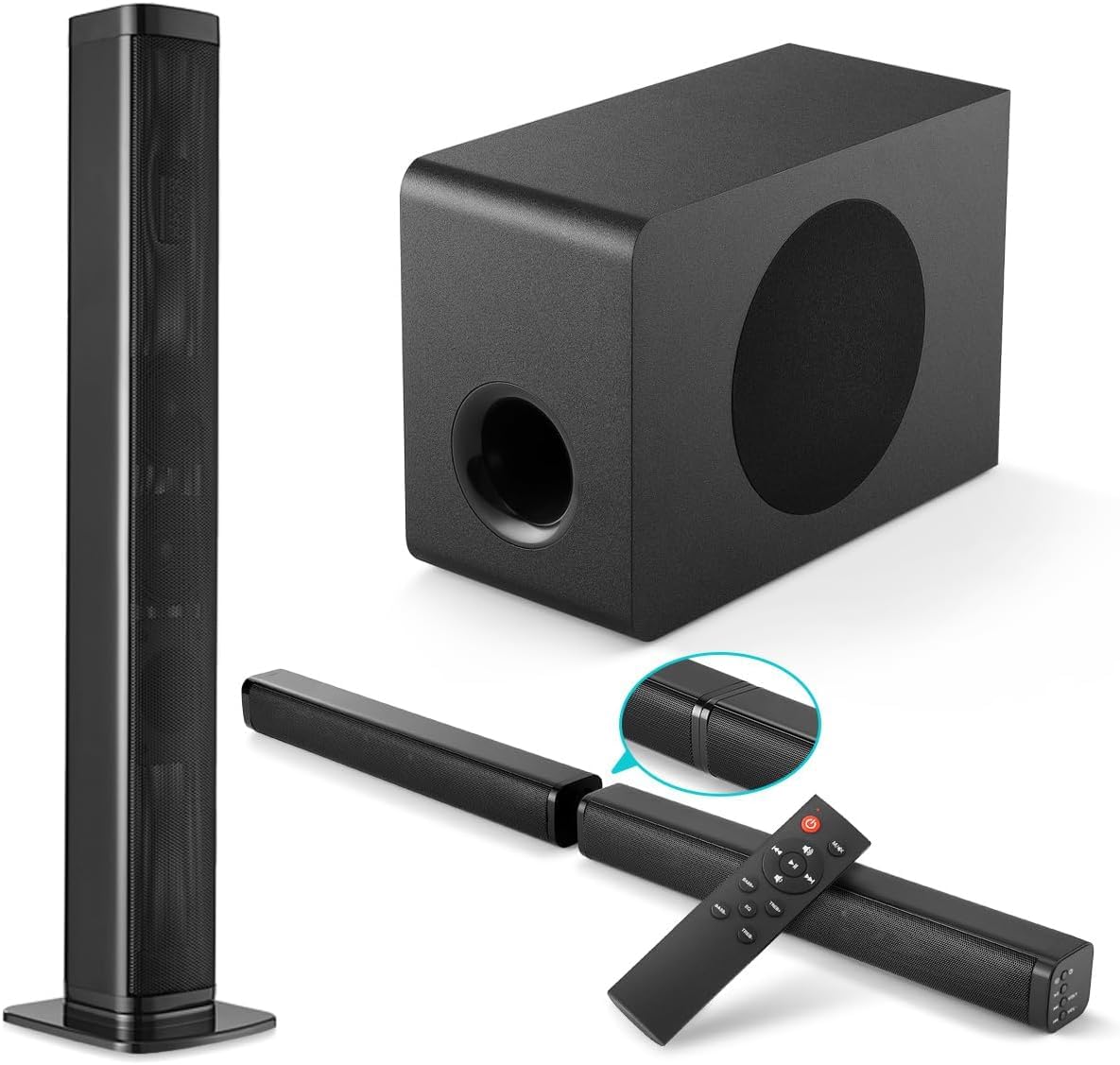 Soundbar 2.1 Canais Home Theater - 3D Surround 360°, RMS 80W/MAX 360W, Subwoofer Incluso + Controle Remoto, Bluetooth+HDMI, Compatível com Diversos Dispositivos, Ampla Faixa de Tensão de 110-220V