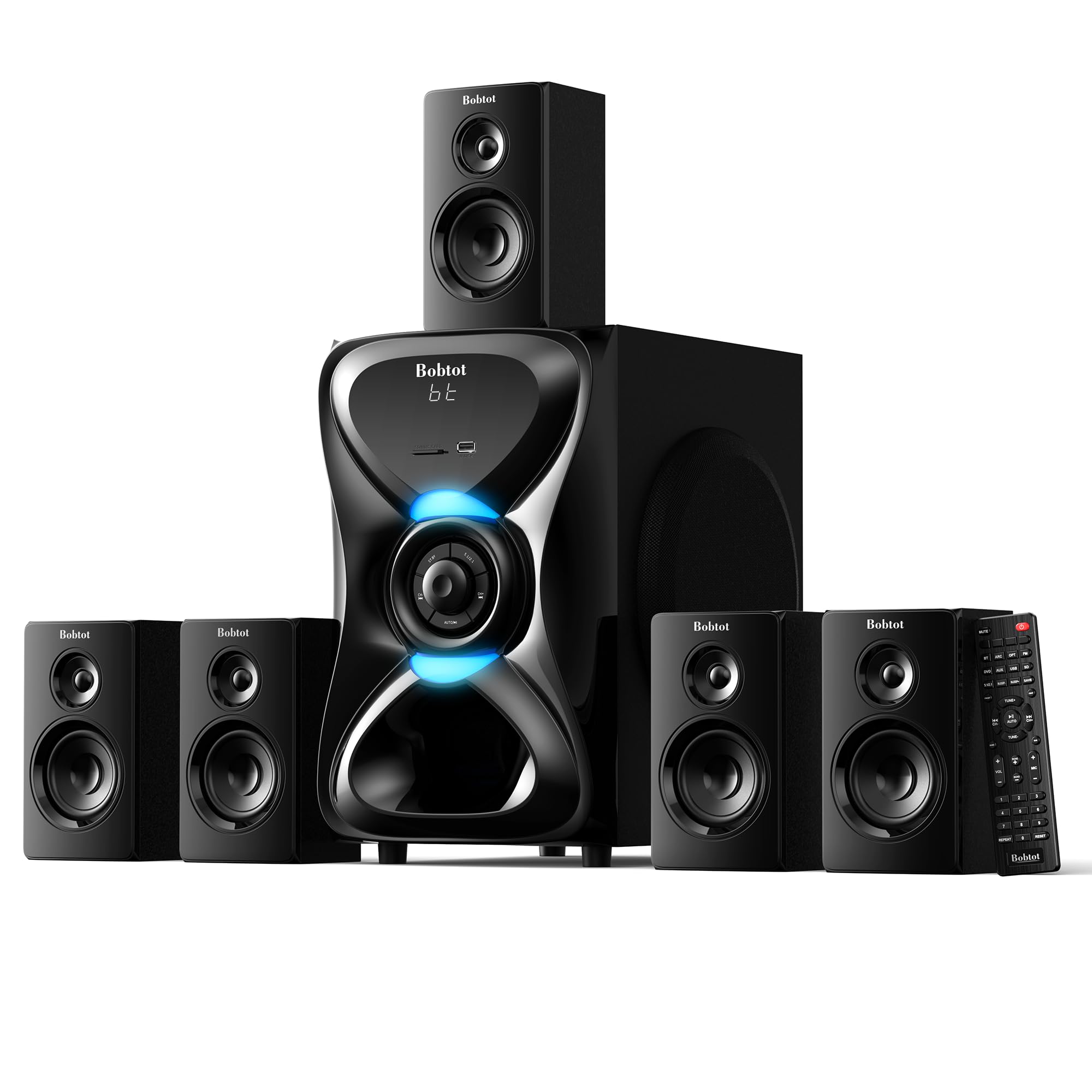 Bobtot Sistema de som de home theater 5.1, alto-falantes satélite traseiros sem fio, sistemas de som surround subwoofer de 1000 W com entrada auxiliar Bluetooth ótica ARC para TV