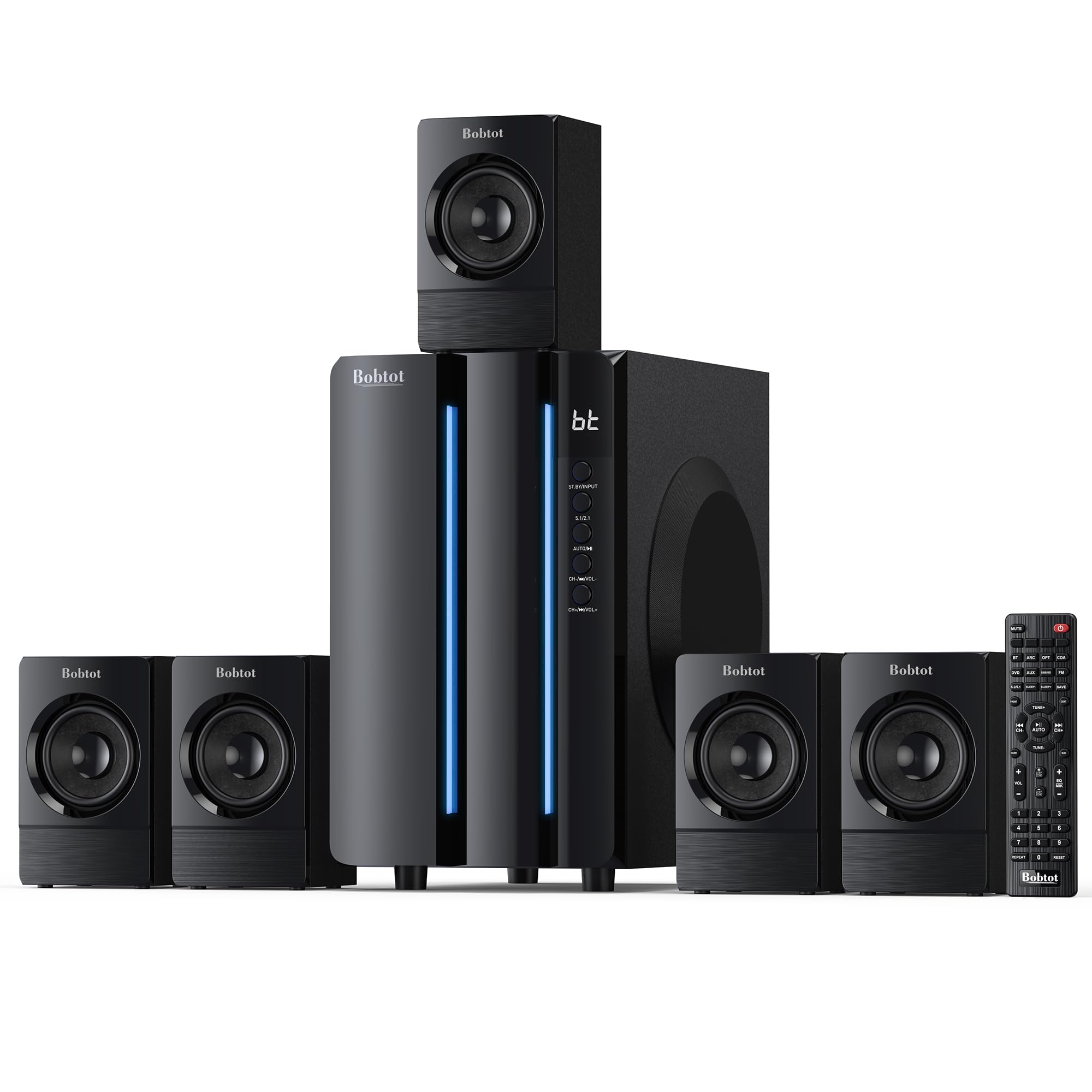 Sistema de som envolvente Bobtot para home theater - Potência máxima de 800 W, subwoofer de 16,5 cm, alto-falantes com sistema de som 5.1, ARC, AUX óptico, Bluetooth, adaptador de tomada EUA. EUA