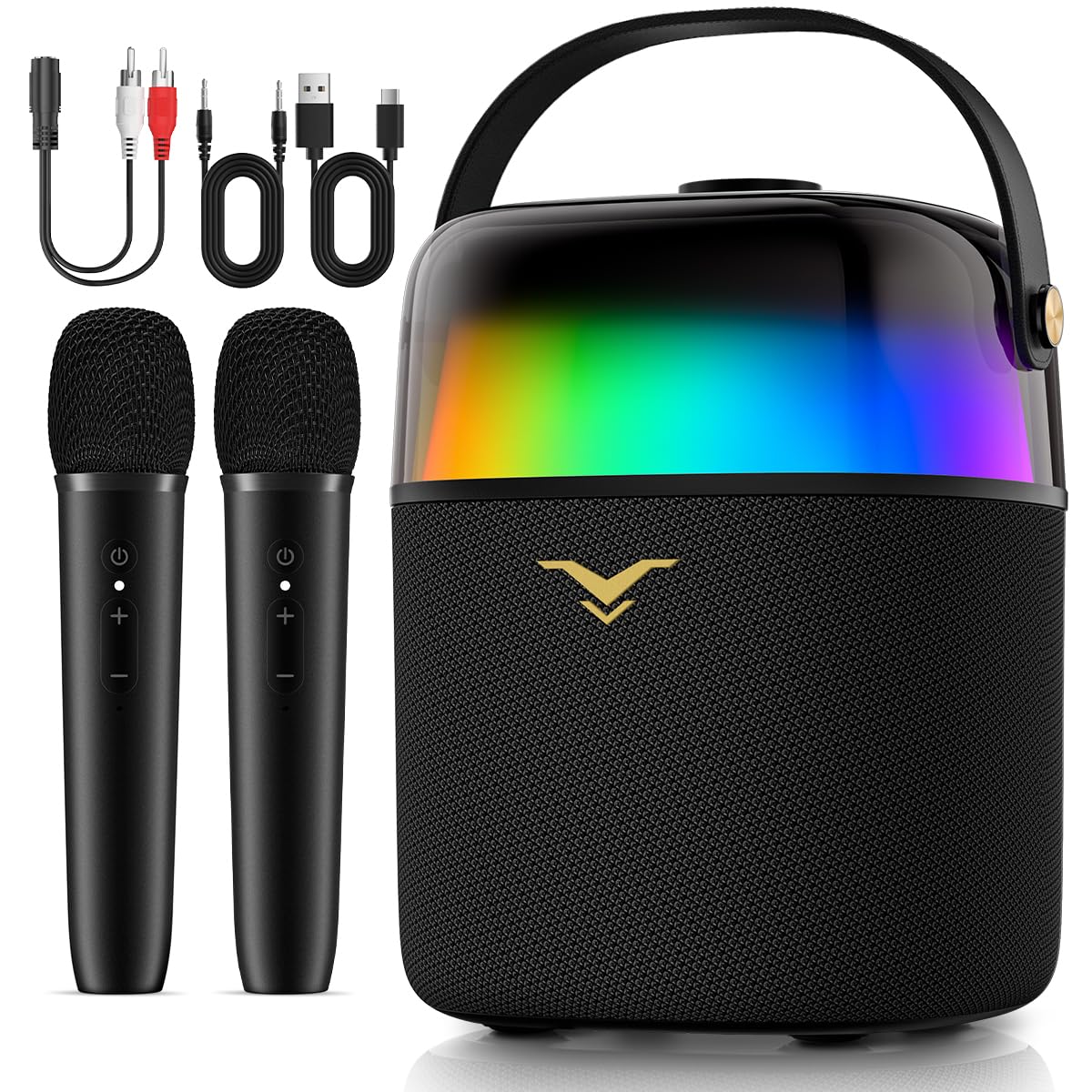 Caixa de Som Bluetooth Karaoke PartyFree, Partybox com Dois Microfones Sem Fio, Sistema de PA com Modo Discurso e Luzes LED Dinâmicas Embutidas, Suporta FM/AUX/USB/6,35mm, para Festa Presente