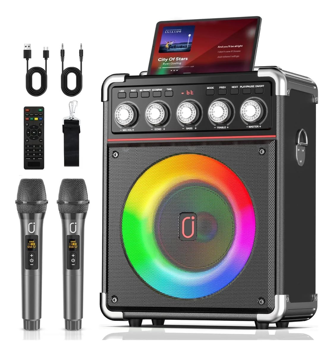 JYX Caixa de Som com 2 Microfones, Caixa de Som Bluetooth para Adultos e Crianças, Caixa de Som Karaoke com Ajuste de Graves/Agudos, Sistema de PA com Controle Remoto, Suporte para REC/USB/AUX/TF(60W)