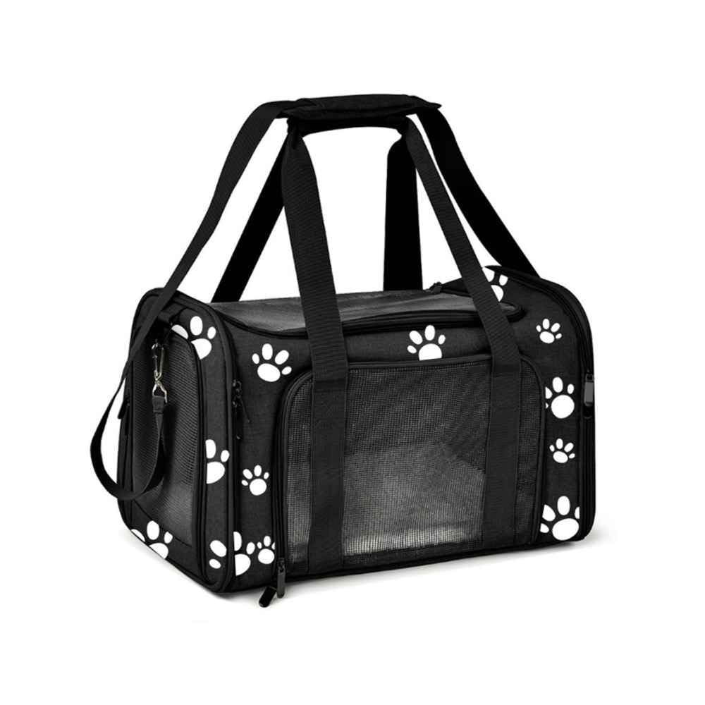 Bolsa Transporte Pet para Avião Cabine Viagem Ventilação Cães e Gatos Reforçada até 14kg Tela Arejada Alça e Tapete Removível - Duke & Dixie (Preto/Pata)
