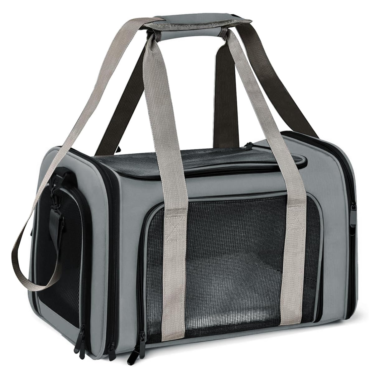 Bolsa Transporte Pet Ventilação em 4 lados 42 * 26 * 27 cm Não Se Deforma Facilmente Bolsa Transporte Pet Avião com Zíper liso Portátil + Bolsa de Mão Python Fly Cinza