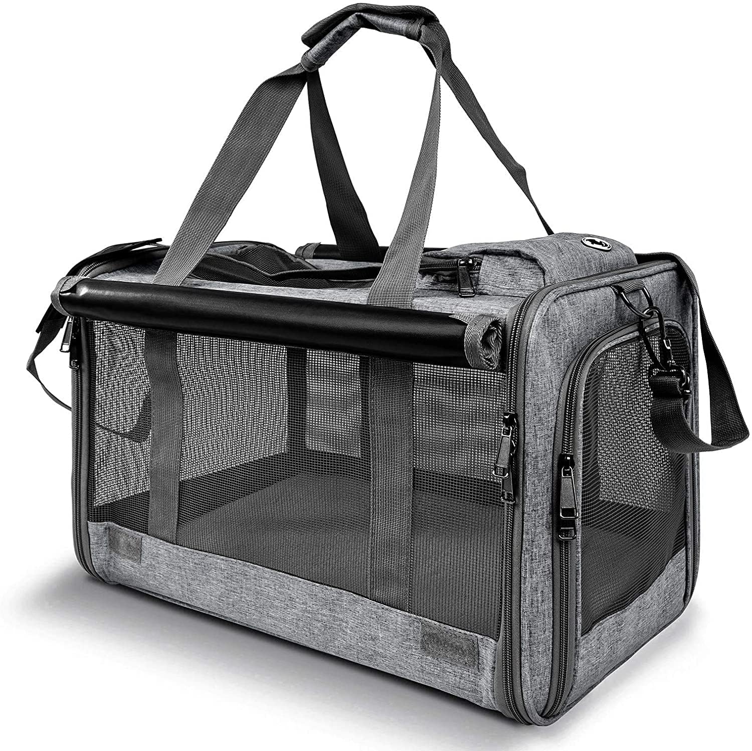 JINYUHAY Bolsa Transporte Pet para Avião Cabine Viagem Ventilação Cães e Gatos Reforçada até 9kg Tela Arejada Alça e Tapete Removível (Cinza)