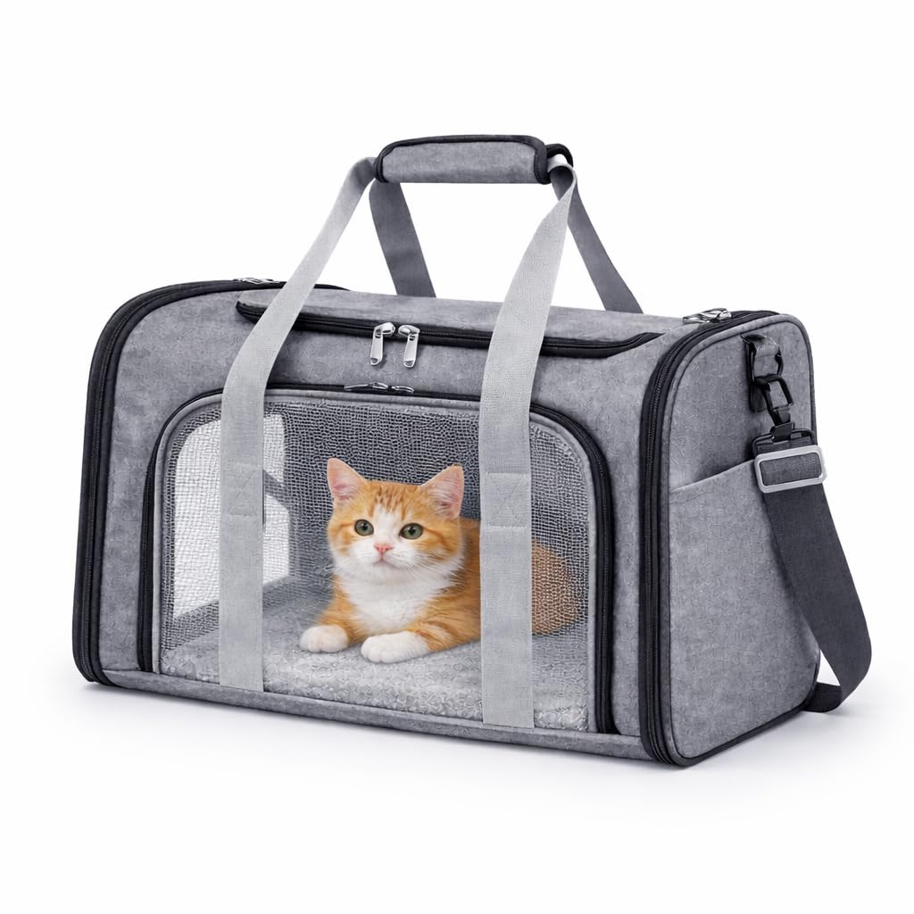 Bolsa de Transporte para Pets Grande em Poliéster com Tela Respirável, Cinza, 45x31x28cm, Aprovada para Avião, com Tapete Almofadado e Alça Ajustável