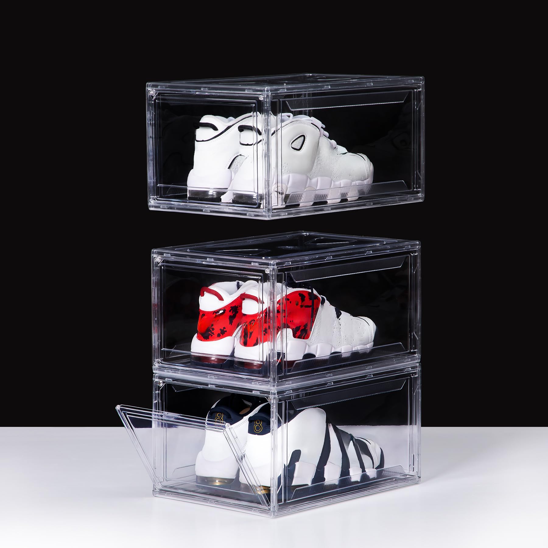 NYZE Pacote com 3 caixas de sapatos de acrílico, caixas de sapatos transparentes empilháveis, caixa de armazenamento de sapatos frontal suspensa, organizador de sapatos, suporte dobrável com porta