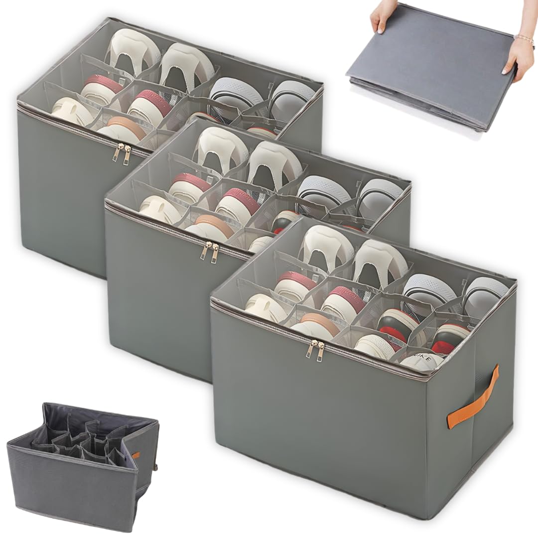 Kit C/3 Organizadores Multiuso Dobrável para Calçados e Roupas | Caixa Organizadora Grande em Tecido Oxford | Ideal para Sapatos, Calças e Blusas | Cor Cinza