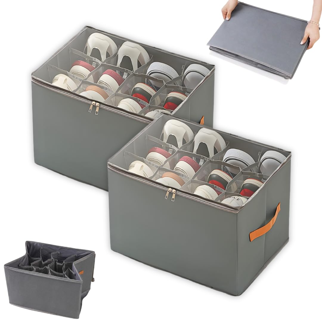 Kit C/2 Organizadores Multiuso Dobrável para Calçados e Roupas | Caixa Organizadora Grande em Tecido Oxford | Ideal para Sapatos, Calças e Blusas | Cor Cinza