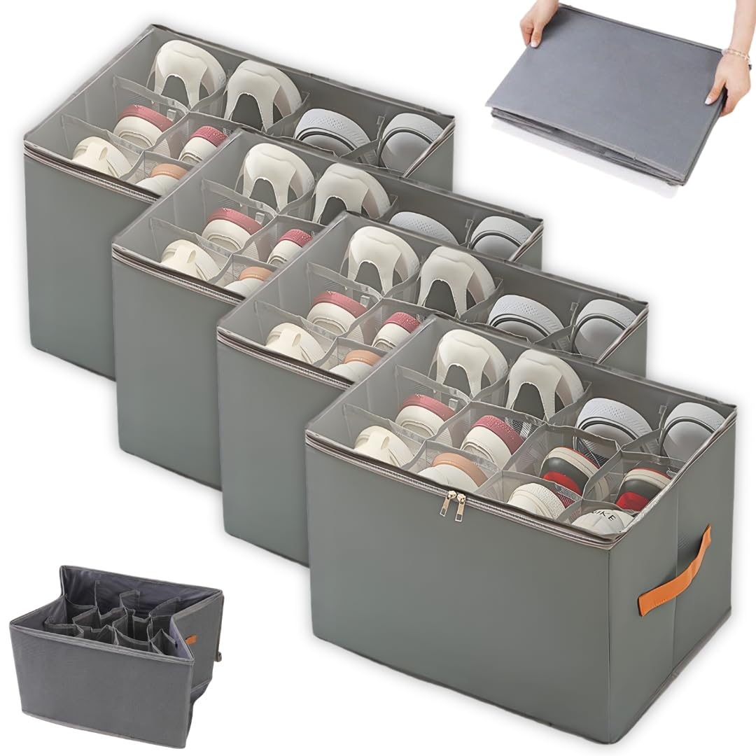 Kit C/4 Organizadores Multiuso Dobrável para Calçados e Roupas | Caixa Organizadora Grande em Tecido Oxford | Ideal para Sapatos, Calças e Blusas | Cor Cinza