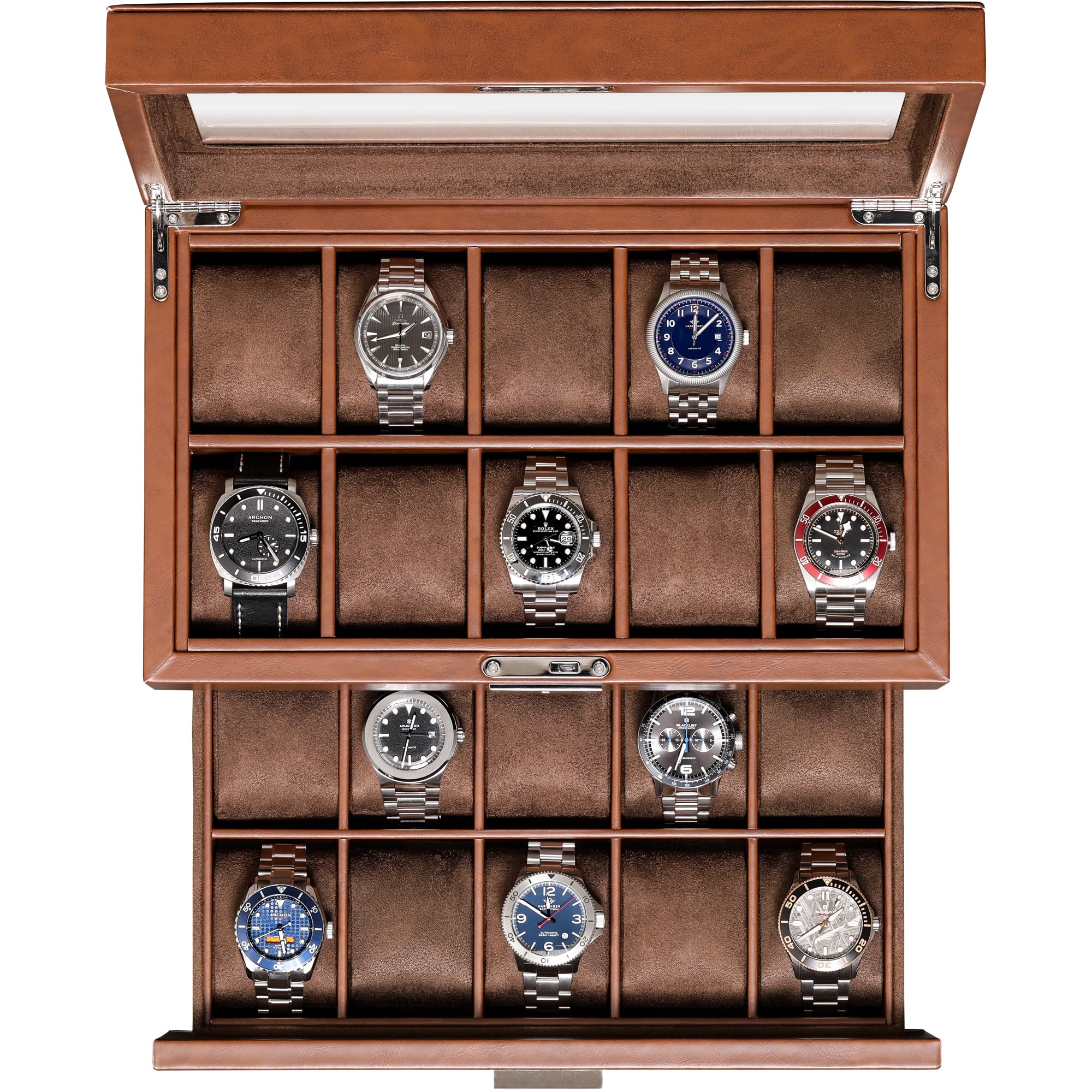 Estojo para relógios de couro ROTHWELL com 20 compartimentos – Organizador de joias e estojo de luxo, com trava e tampa com visor grande de vidro real – Organizador para homens e mulheres (bronze