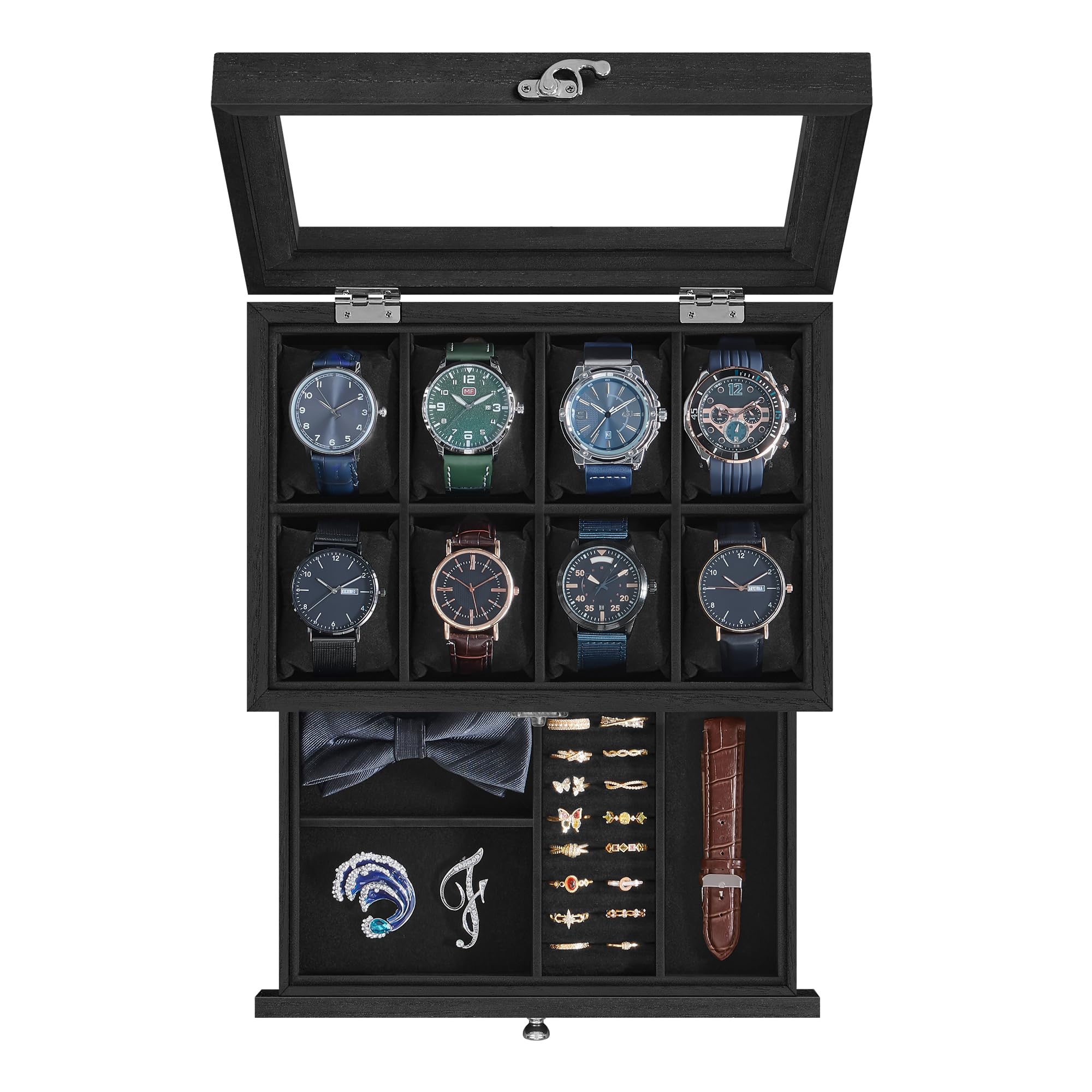 SONGMICS Caixa de relógio com 8 compartimentos, vitrine de 2 camadas com tampa de vidro grande, travesseiros removíveis, forro de veludo, caixa de joias, ideia de presente, tinta preta UJOW008B02