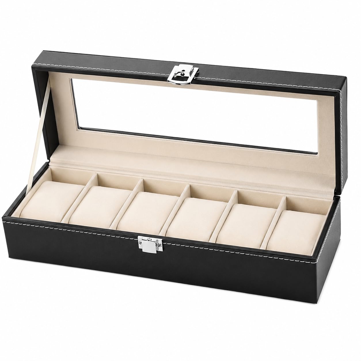 Estojo Organizador, 6 Divisórias, Relógios, Material Couro Sintético, Tampa de Vidro, Resistente e Seguro
