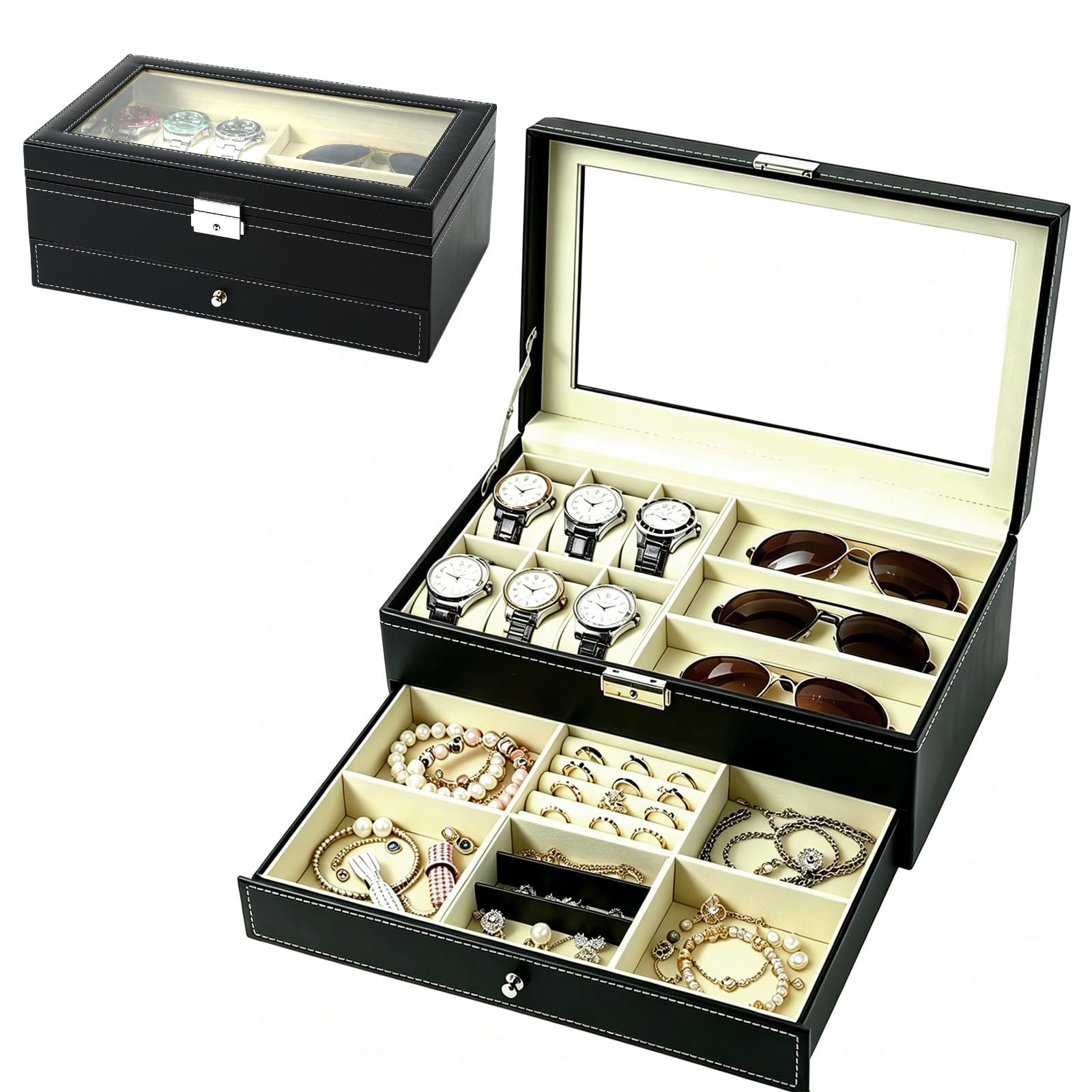 ISWEES Organizador de caixa de joias de relógio, caixa de relógio com 6 compartimentos e 3 compartimentos para armazenamento de óculos de sol, estojo de exibição de couro PU de 2 camadas com tampa e