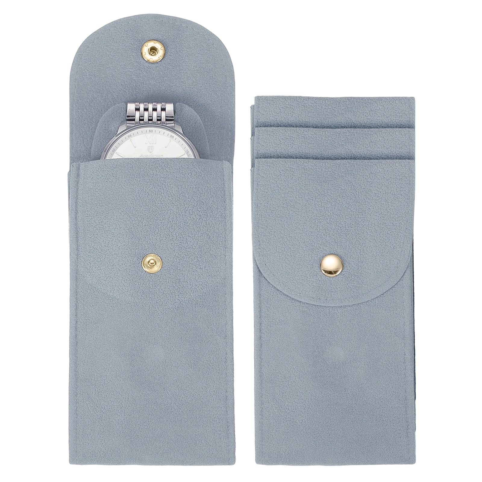 Bolsa de relógio de veludo, 4 peças, estojo de viagem portátil de 12 x 7 cm, bolsa de armazenamento de joias, bolsa de armazenamento de relógio único para homens e mulheres com botão de pressão para