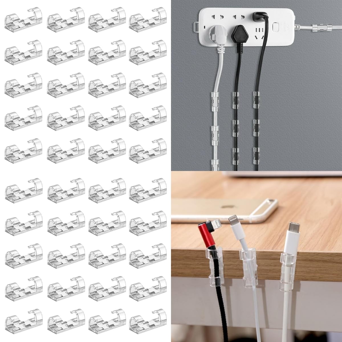 Kit 40 Organizador de Fios e Cabos De Mesa E Parede Braçadeira Adesivas Autocolante Autoadesivo Durável Compacto Clipes Adesivos Escritório Parede
