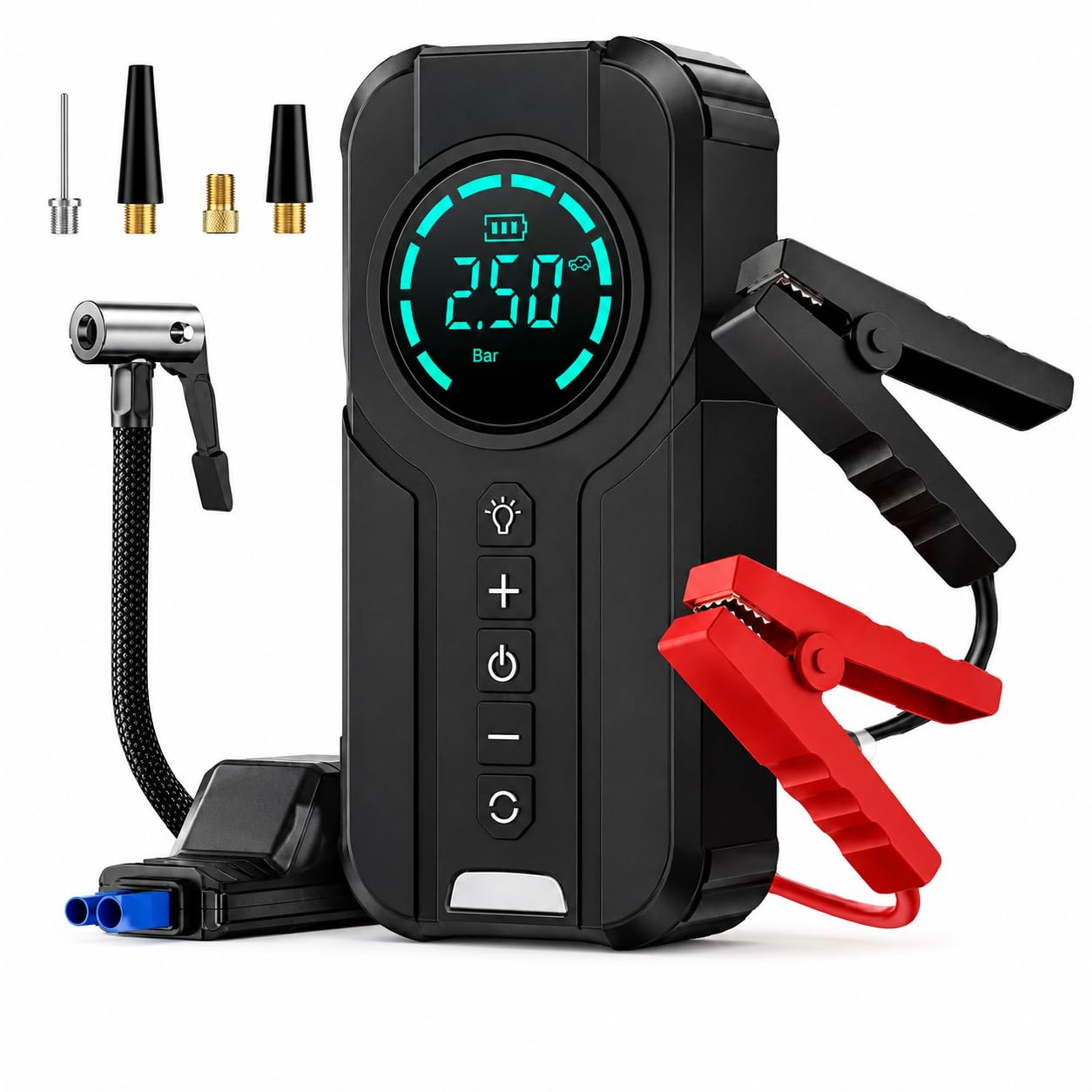 Auxiliar de Partida Compressor de Ar Portátil Calibrador Digital Bomba de Pneu 150 PSI USB Lanterna Automotivo Preto