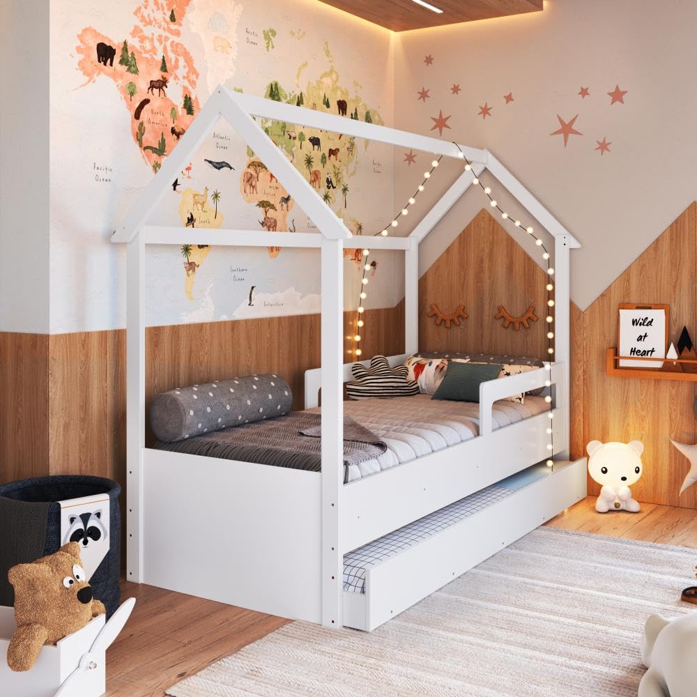 Completa Móveis Cama Infantil Montessoriana Bicama Casinha Menino Menina Solteiro 196cm com Proteção Lateral e Cama Auxiliar Branca