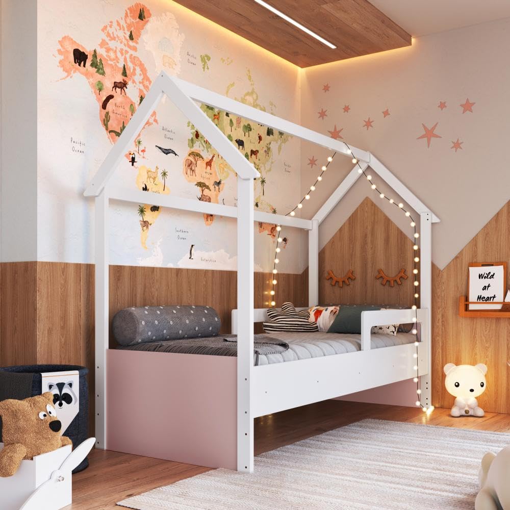 Completa Móveis Cama Infantil Montessoriana Casinha Menino Menina Solteiro 196cm com Proteção Lateral Branco com Rosa