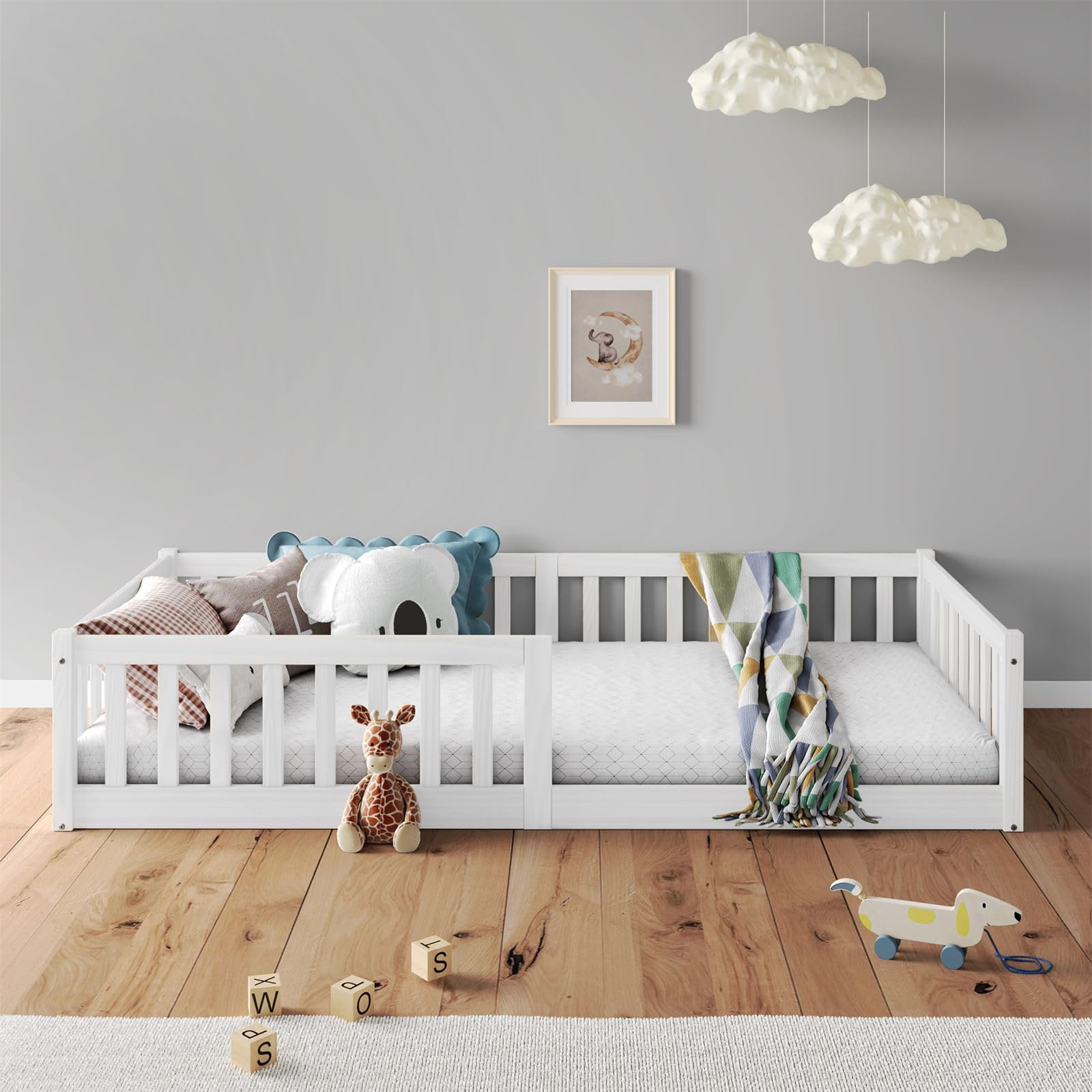 IDIMEX Cama Montessoriana Infantil Branco de Madeira Gustavo Grades de Proteção Lateral padrão Solteiro 88x188 com estrado reforçada