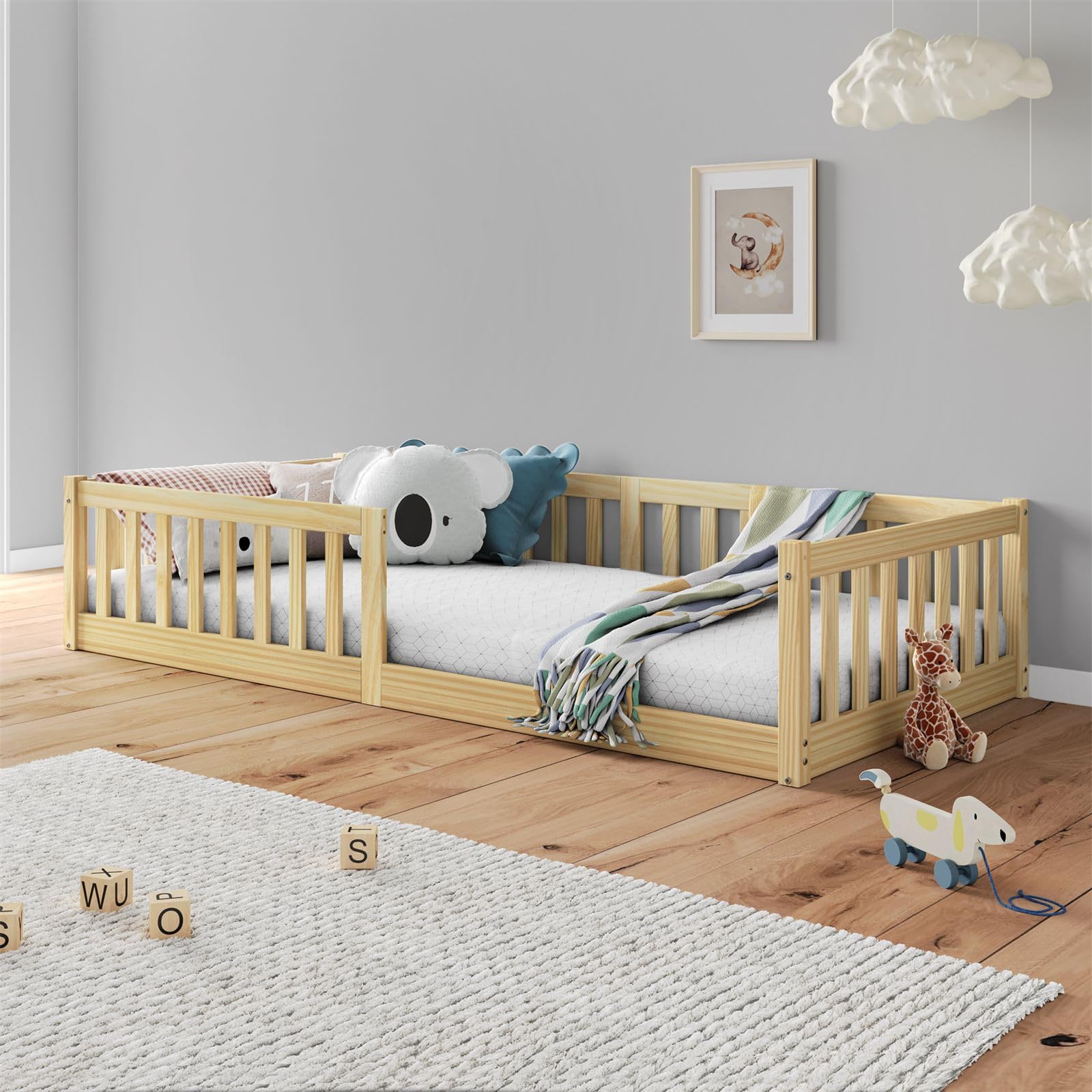 IDIMEX Cama Infantil Solteiro Chão com Grades Montessoriana Gustavo Natural 88x188