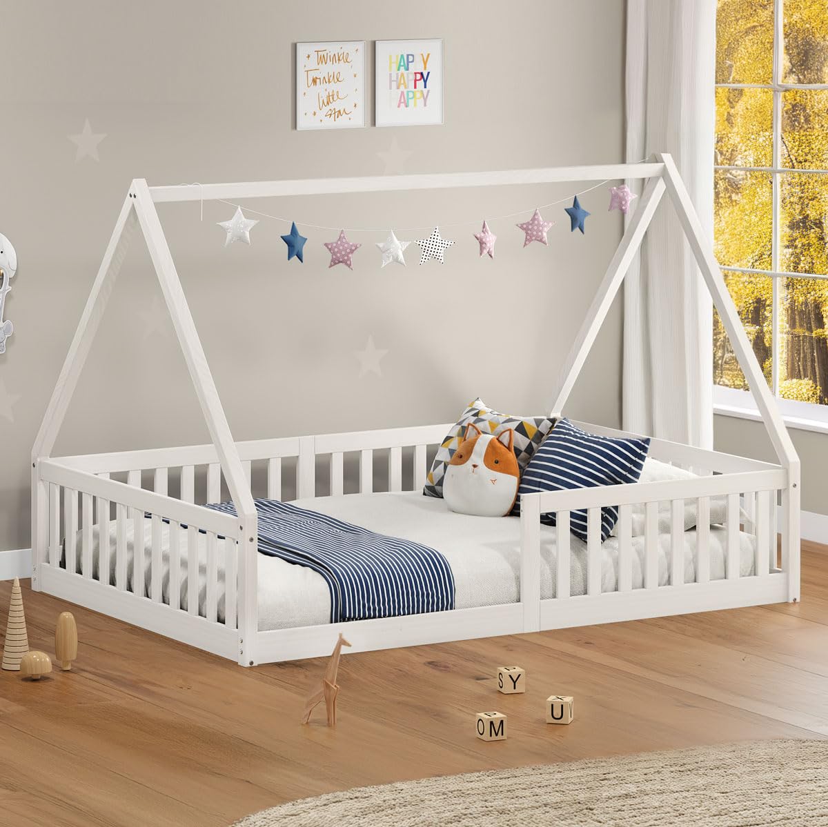 IDIMEX Cama Viúva Infantil Montessori Branco Madeira Casa com Estrado Stella