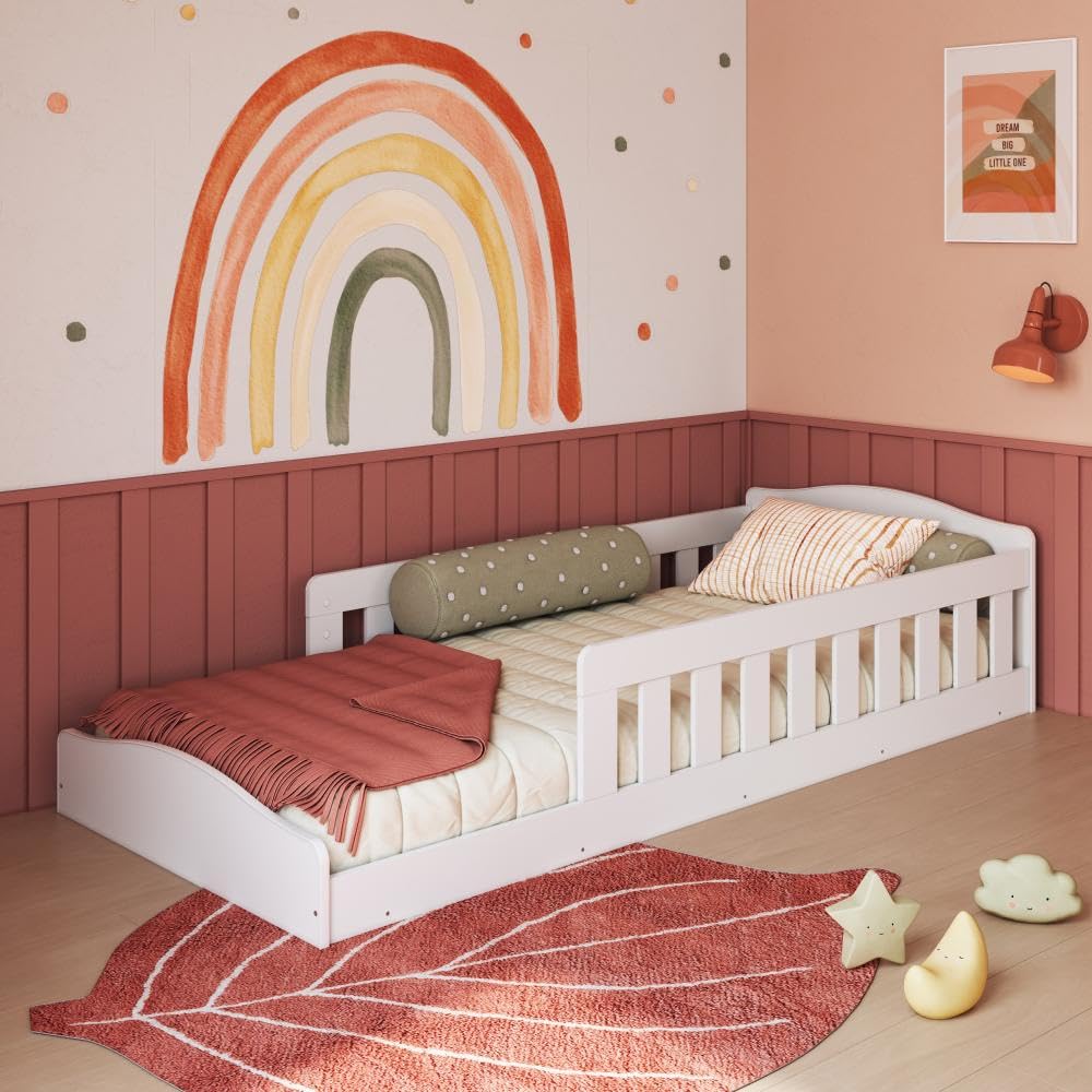 Completa Móveis Cama Infantil de Chão Montessoriana de Solteiro Menino Menina com Grade Proteção