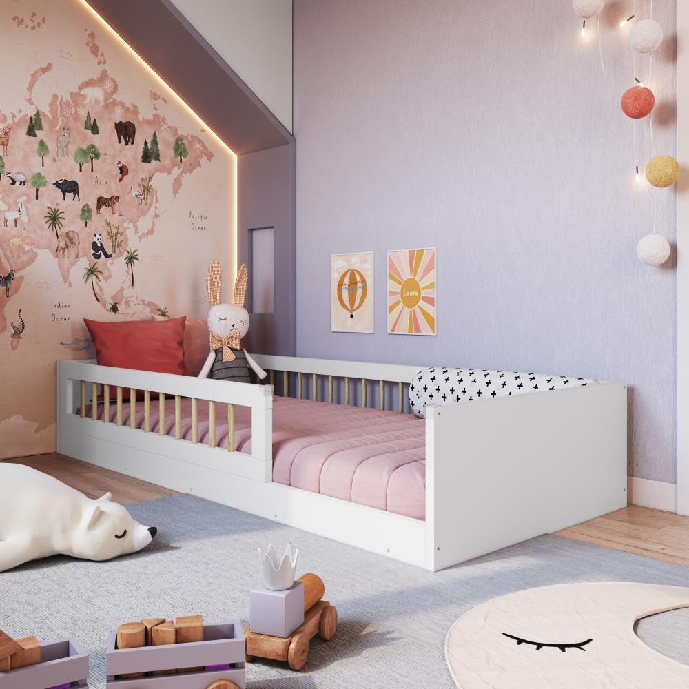 Completa Móveis Cama Infantil Baixa Montessori para Colchão 188x78cm com Grade de Proteção Lateral em MDP