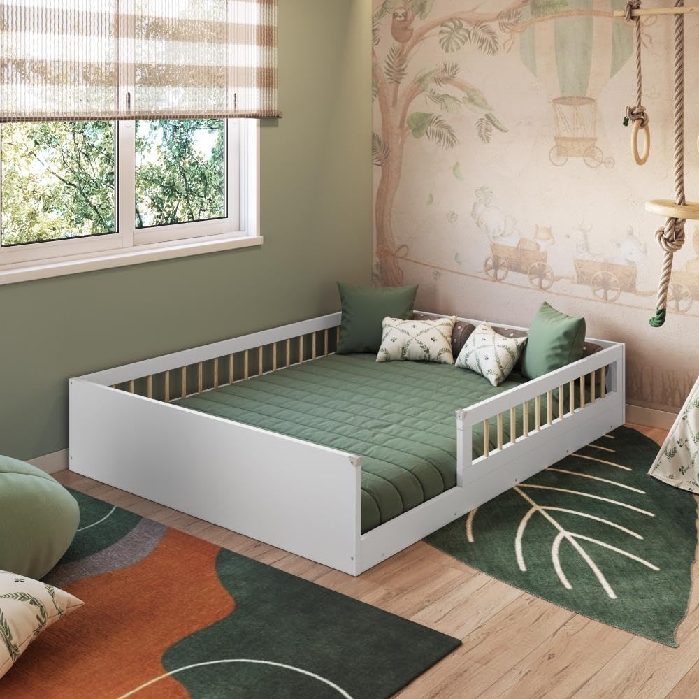 Completa Móveis Cama Casal Infantil de Chão Montessoriana para Menino e Menina com Grade de Proteção Lateral