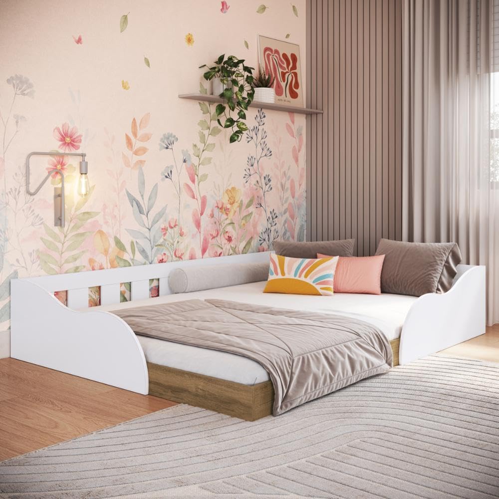 Art in Moveis Cama Montessoriana Infantil de Chão Casal com Proteção Lateral CM6140 Branco e Mel - Art In Móveis