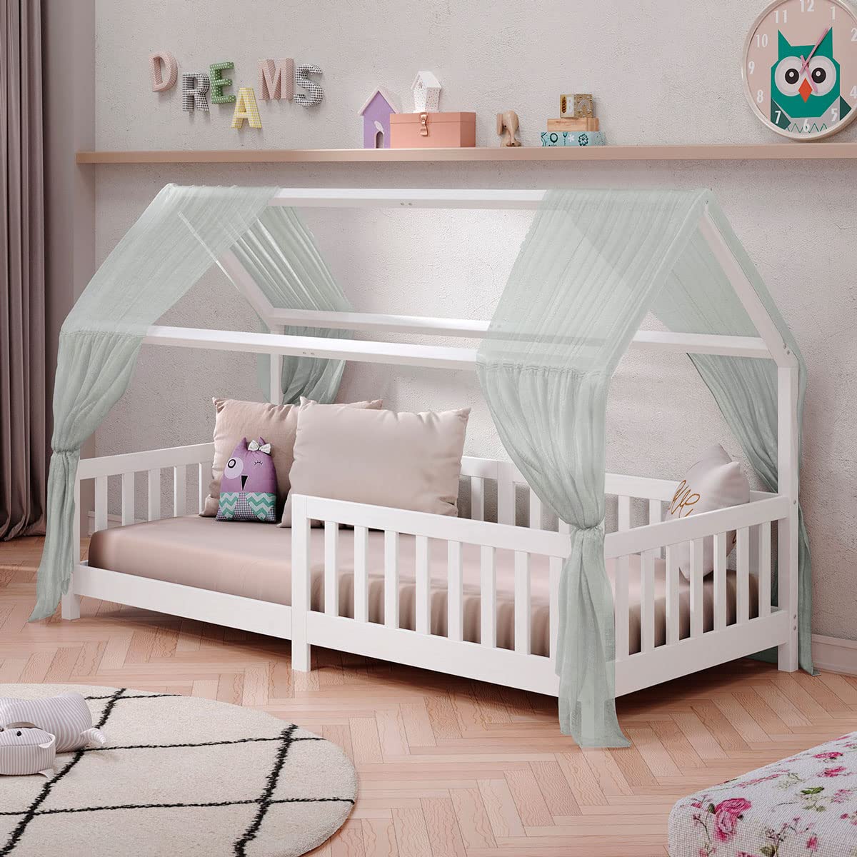 IDIMEX Cama Montessoriana Solteiro Madeira Maciça Casa com grade 88x188 com Estrado Nina cor Branco elevada