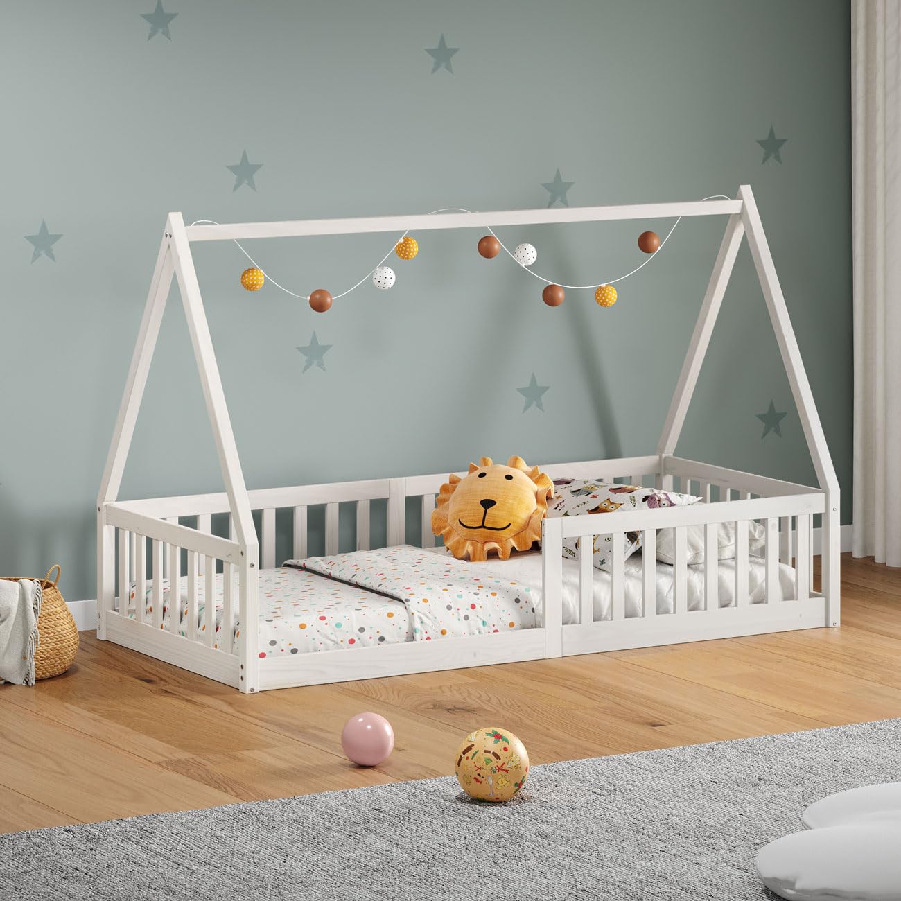 IDIMEX Cama Montessoriana Infantil Madeira Branco com Grade de proteção Cama Montessori Solteiro Casinha de Chão Nicolas