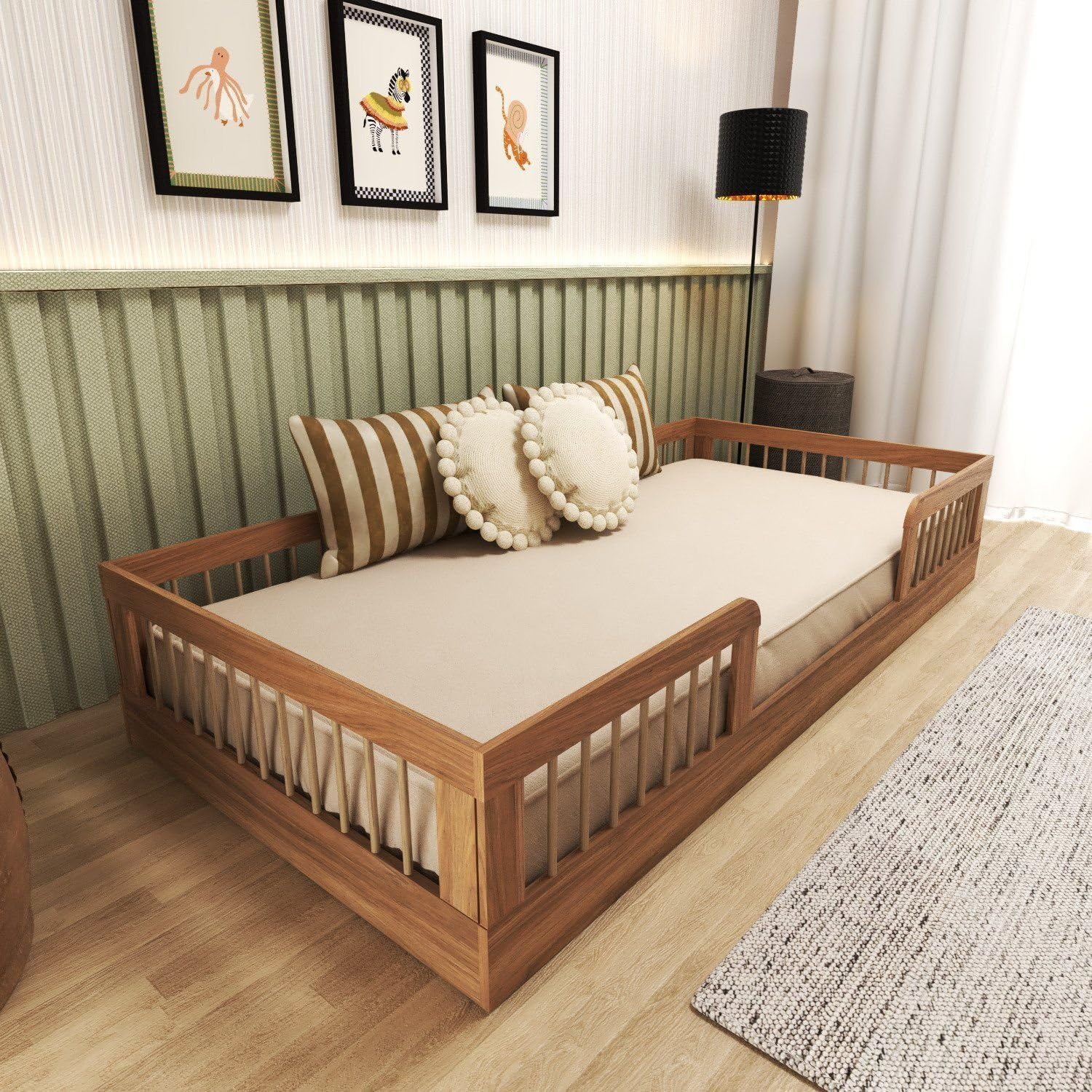 Bramov Móveis Cama Infantil Montessoriana Solteiro com Grades em Pinus Lume Carvalho Mel