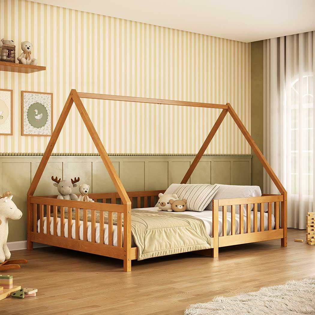 IDIMEX Cama Casal Montessoriana Infantil Telhado Removível e Pés Elevados em Madeira Maciça com Estrutura Reforçada cor Mel com estrado Ravi