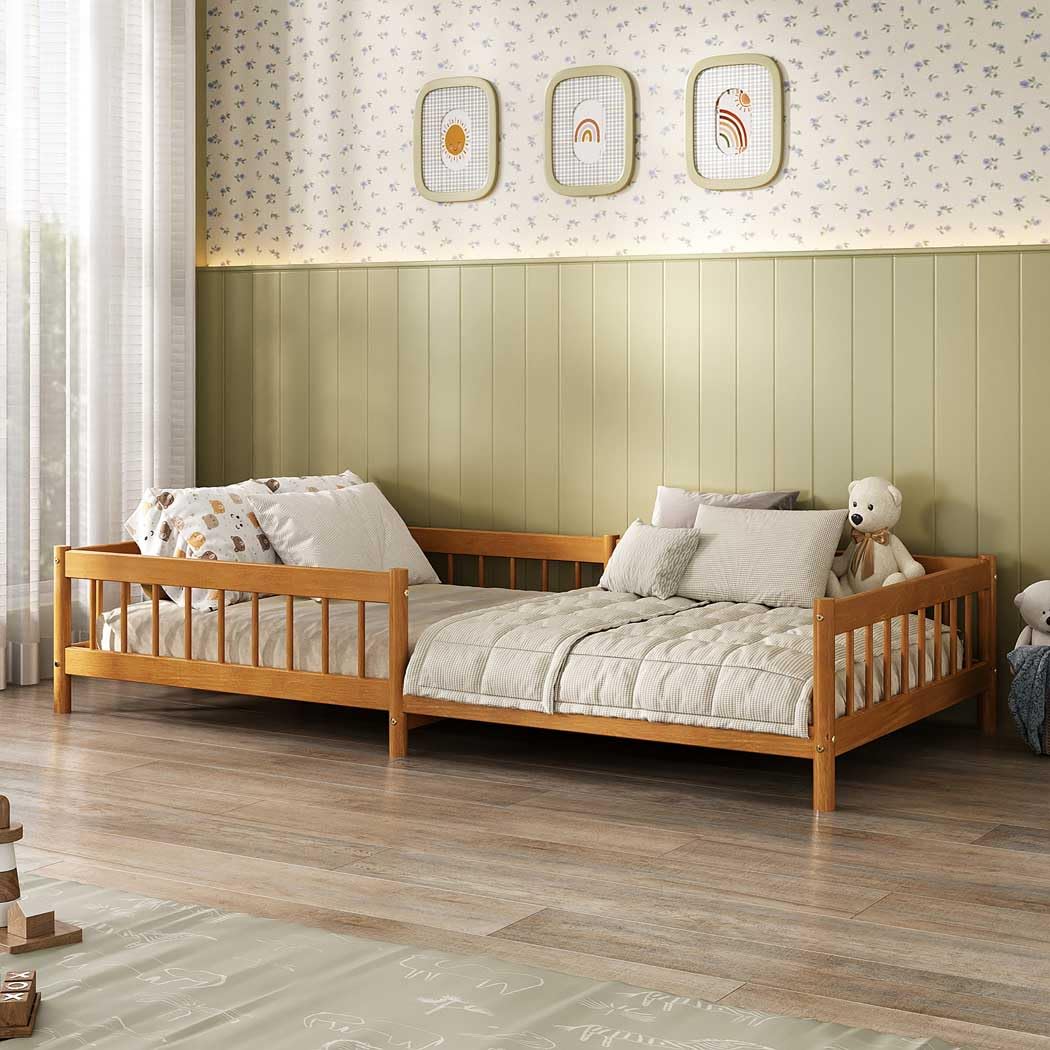 IDIMEX Cama Montessori Reforçada Infantil com Pés Elevados 90x190cm em Madeira com Estrado e Grade de Proteção Cor Mel Dudy | Pés Elevados
