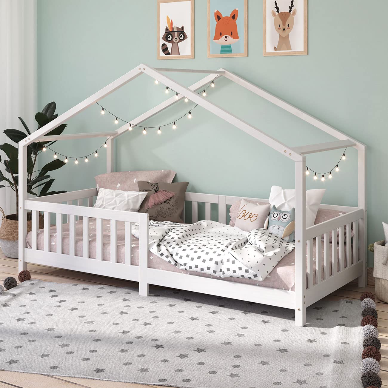 Gentil Moveis IDIMEX Cama Montessoriana Madeira Solteiro com Grade Casa com Estrado Lisan Branca