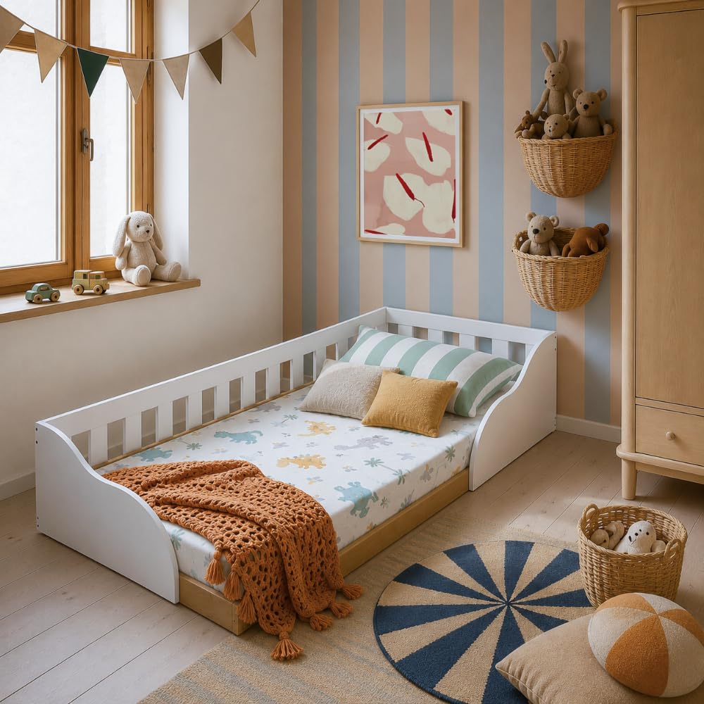 BRV Móveis - Cama Infantil de Chão Montessoriana de Solteiro com Grade de Proteção Lateral para Menino e Menina BCA32 Cor Branco/Lâmina Mel