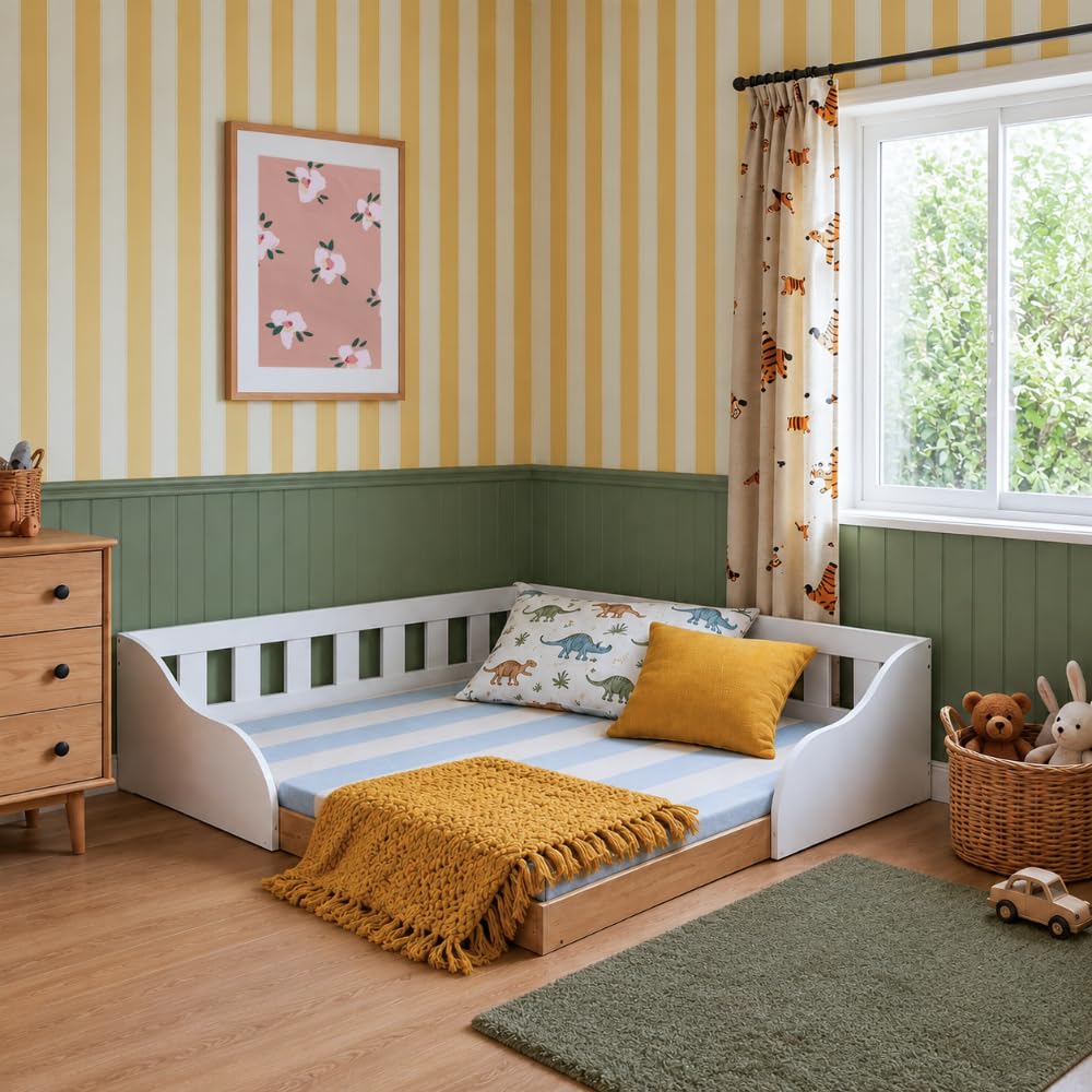 BRV Móveis - Cama Infantil de Chão Montessoriana de Casal com Grade de Proteção Lateral para Menino e Menina BCA33 Cor Branco/Lâmina Mel