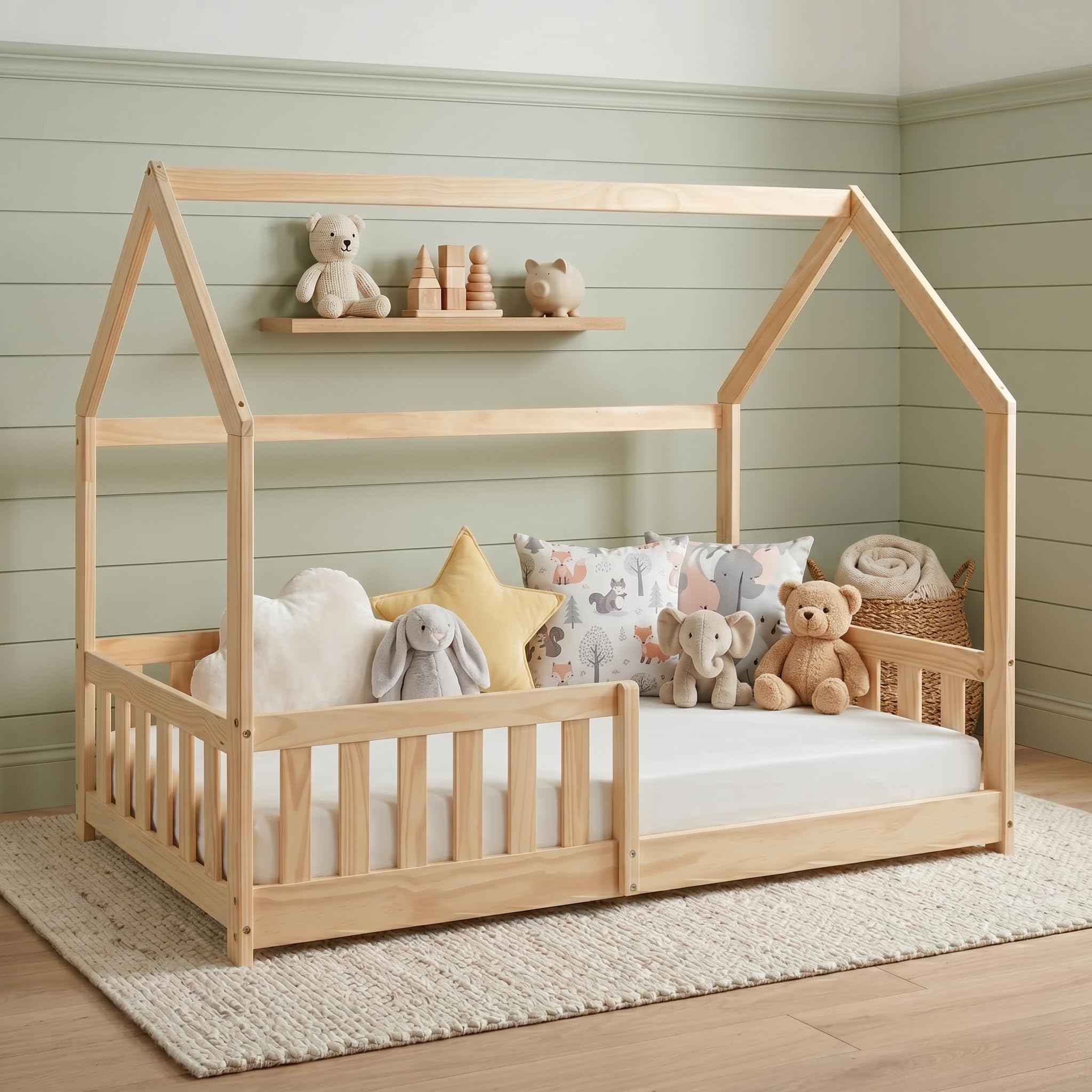 MadeiraMadeira Cama Infantil Montessoriana de Madeira Maciça com Grade e Casinha Elmer Natural Bege/Marrom Natural