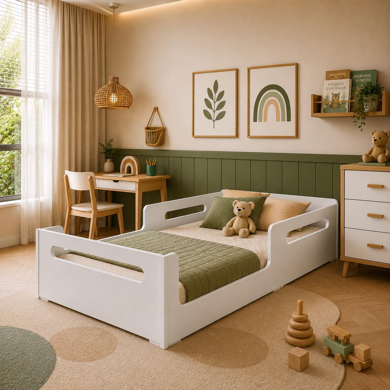 Cama Infantil Solteiro MDF com Grades de Proteção Montessoriana Branco | Grades Fixas de Proteção, Estilo Montessoriano, MDF Resistente, Cor Branco, Para Crianças