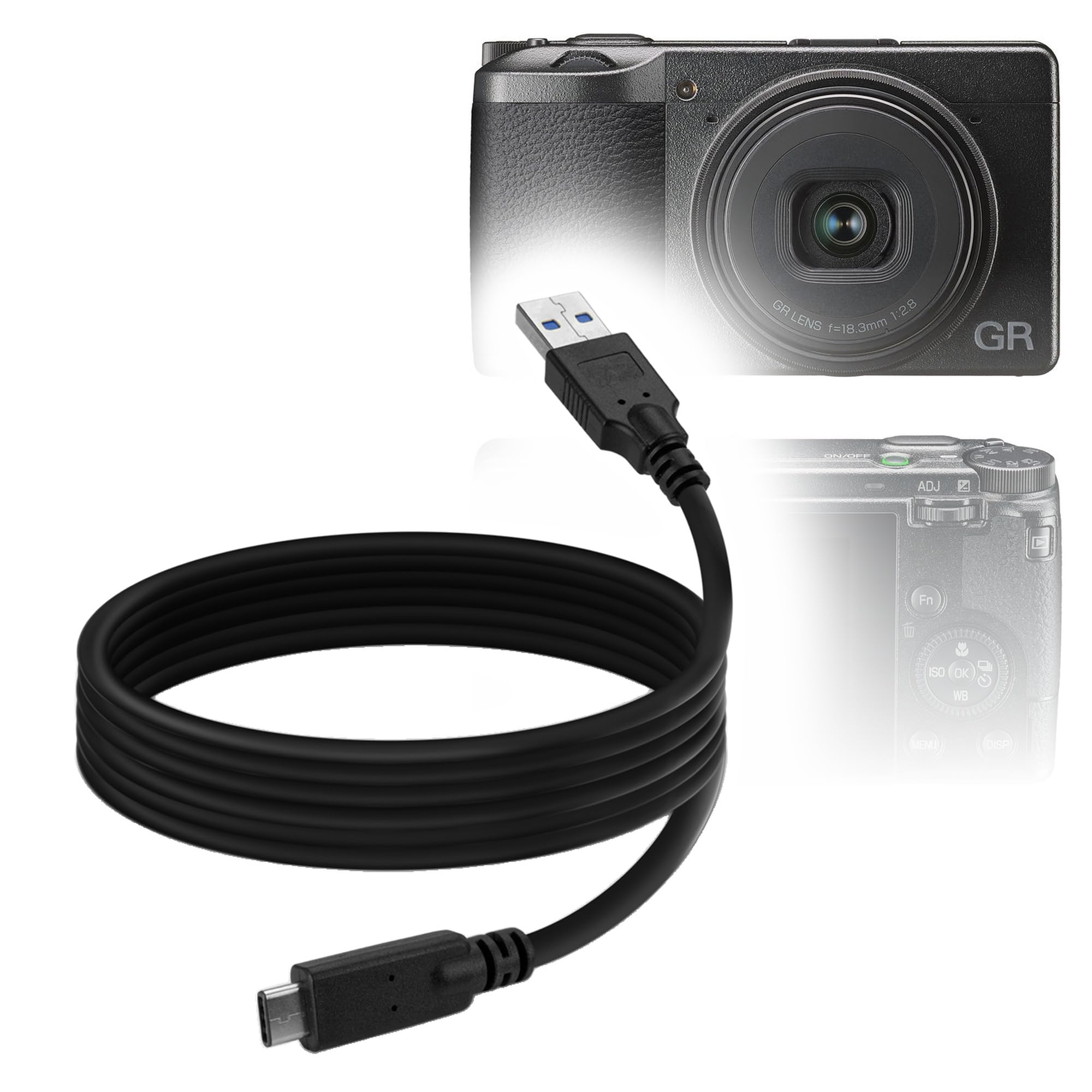 BoxWave Cabo compatível com Ricoh GR III - DirectSync - USB 3.0 A para USB 3.1 Tipo C, cabo de carregamento e sincronização USB C para Ricoh GR III - 1,8 m - preto