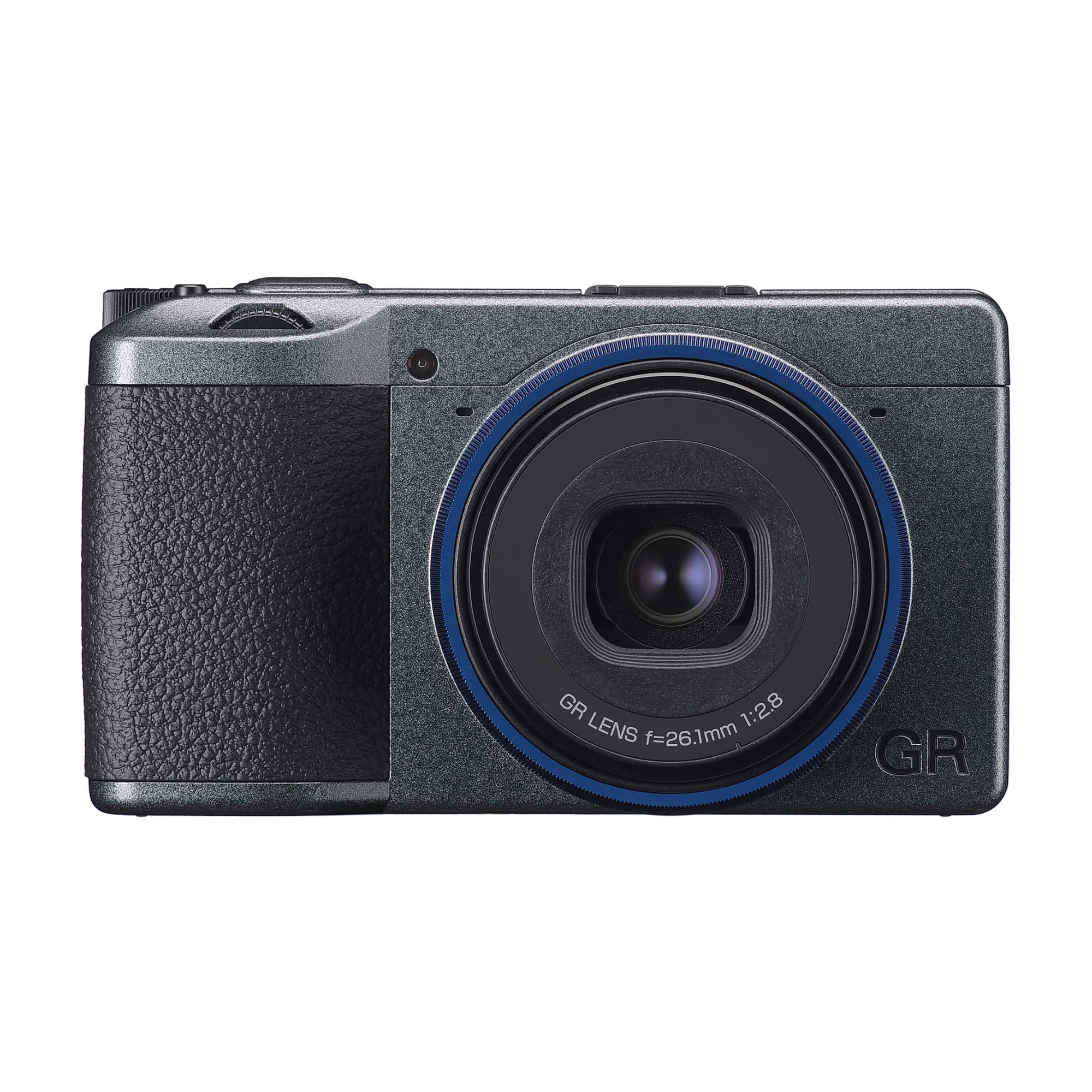 Ricoh GR IIIx edição urbana, corpo cinza metálico com anel azul marinho, câmera compacta digital com sensor CMOS tamanho APS-C de 24MP, lente 40mmF2.8 GR (no formato de 35 mm)