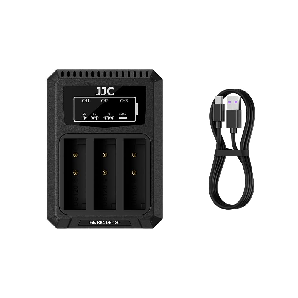 JJC Carregador de bateria DB-120 para câmeras monocromáticas Ricoh GRIV GR IV HDF GR4 | Cabo de carregamento USB para USB-C com compartimento triplo, com proteção contra sobreaquecimento e sobrecarga