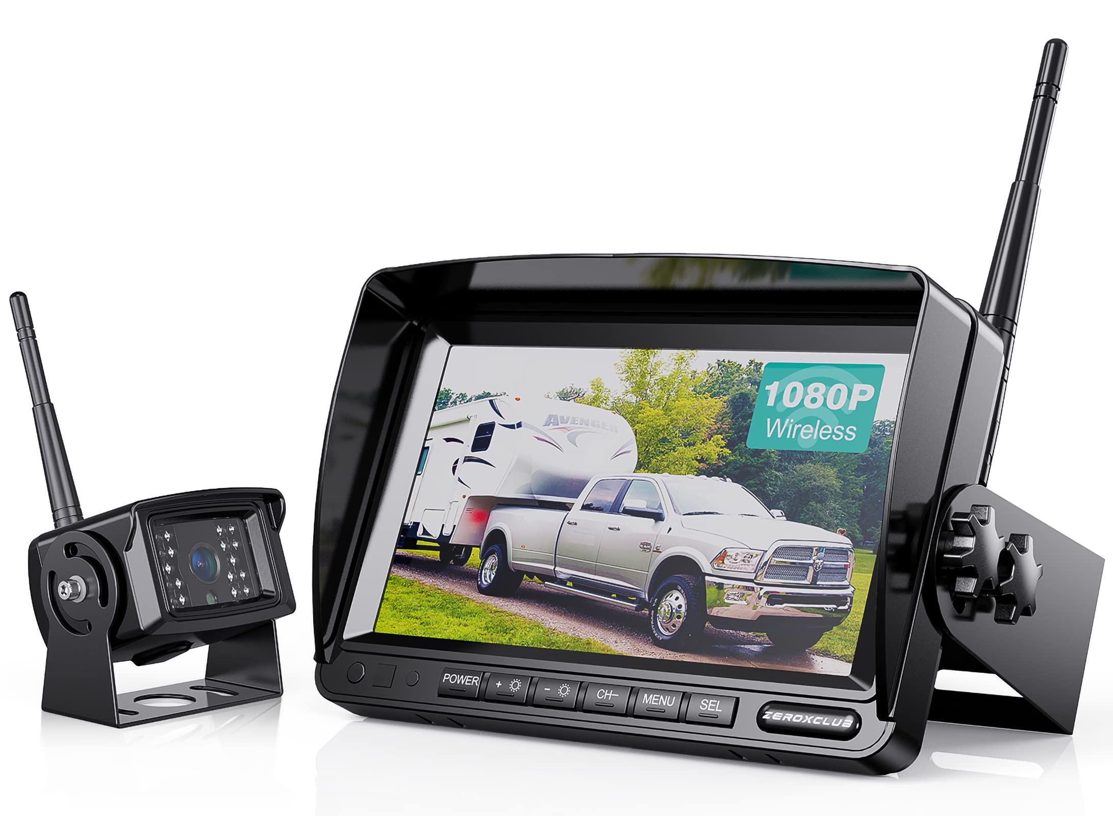 ZEROXCLUB Kit de sistema de câmera de reserva sem fio para trailer/caminhão/ônibus/caminhonete/van, sem interferência, visão noturna, câmera de visão traseira IP69 à prova d'água + monitor reverso LCD