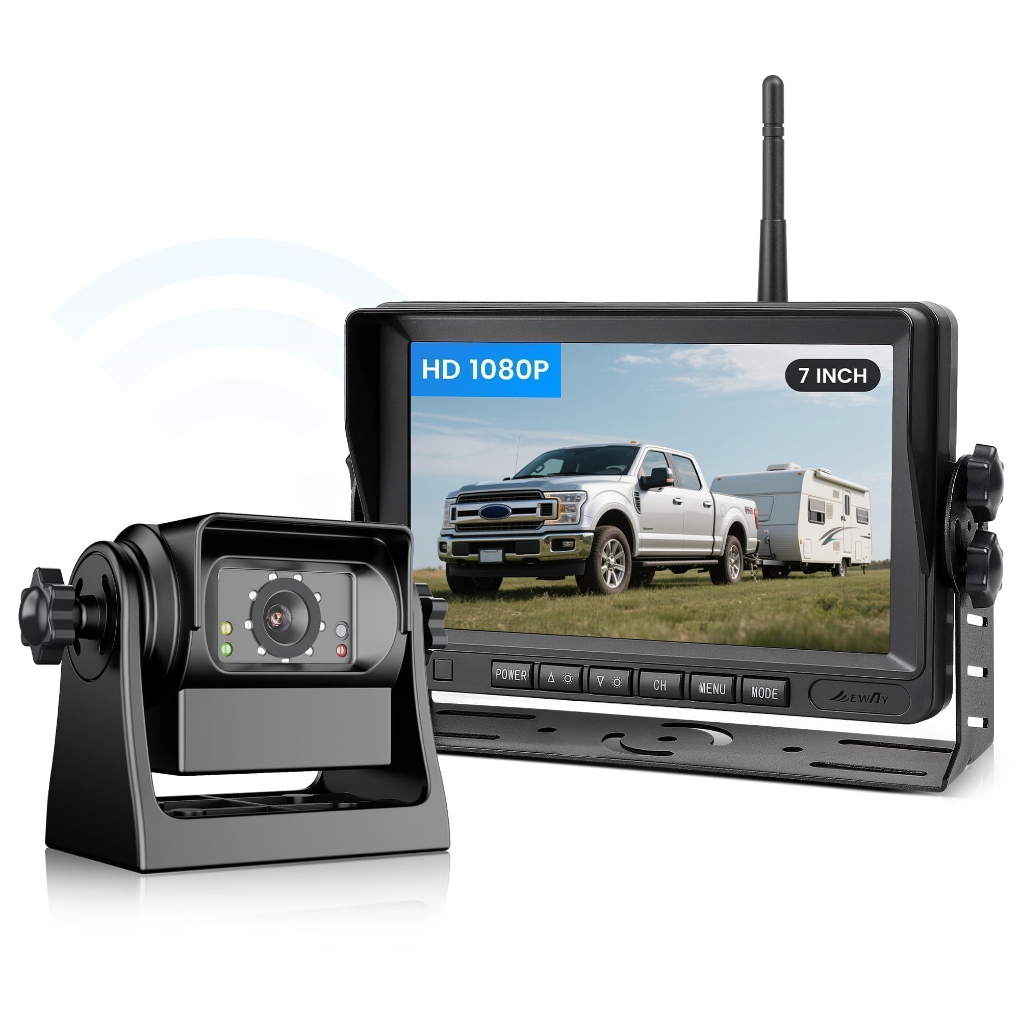 EWAY Câmera de Ré Magnética Sem Fio com Wi-Fi, Monitor Ips de 7" Hd 1080P, Bateria Recarregável, Sem Fios - Câmera de Ré para Engate de Reboque para Carro, Caminhão, Picape, Trailer, Quinta Roda