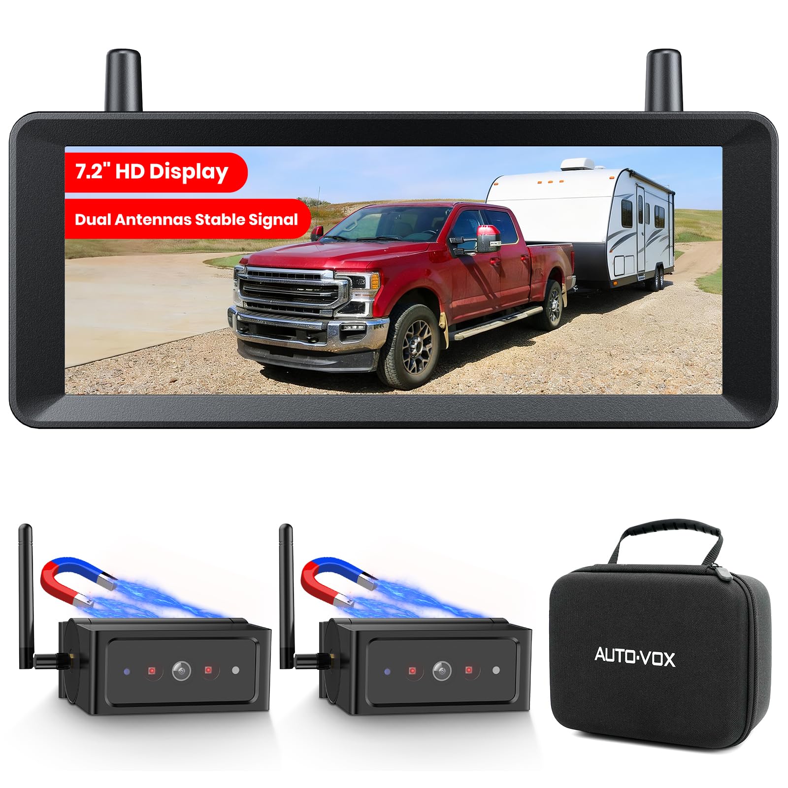 AUTO-VOX Câmera de reserva magnética sem fio de 18,3 cm com monitor, instalação de 1 minuto, câmera dupla 1080P, sinal estável de 152 m, gravação DVR integrada, câmera reserva de visão noturna IR para