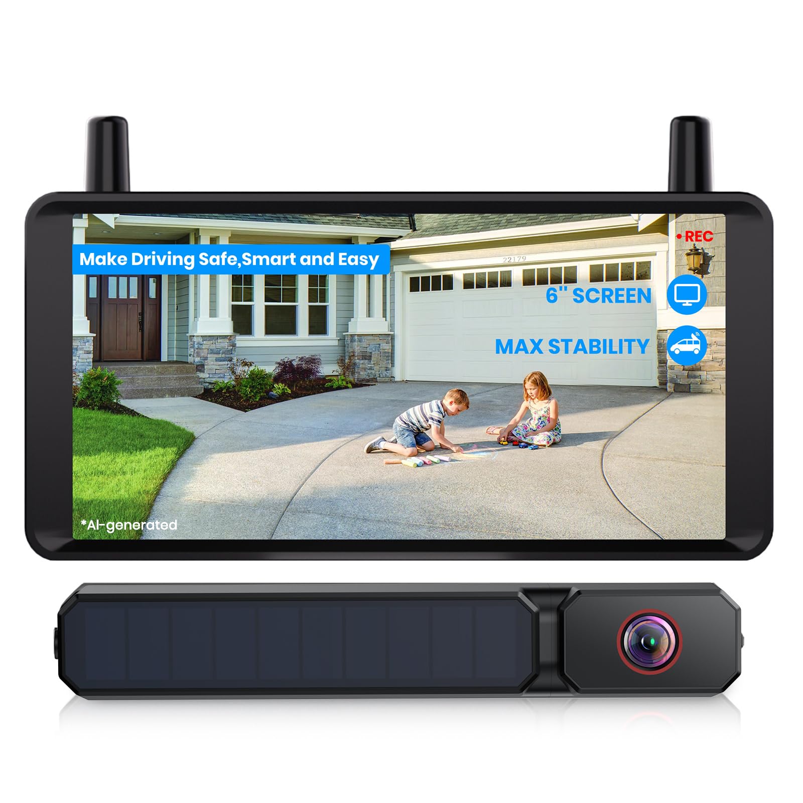 AUTO-VOX Câmera de reserva solar sem fio de 15 cm, fácil instalação em 1 | Monitor 16:9 1080P, tela dividida dupla, visualização clara ao vivo, gravação DVR, câmera traseira à prova d'água IP69K para