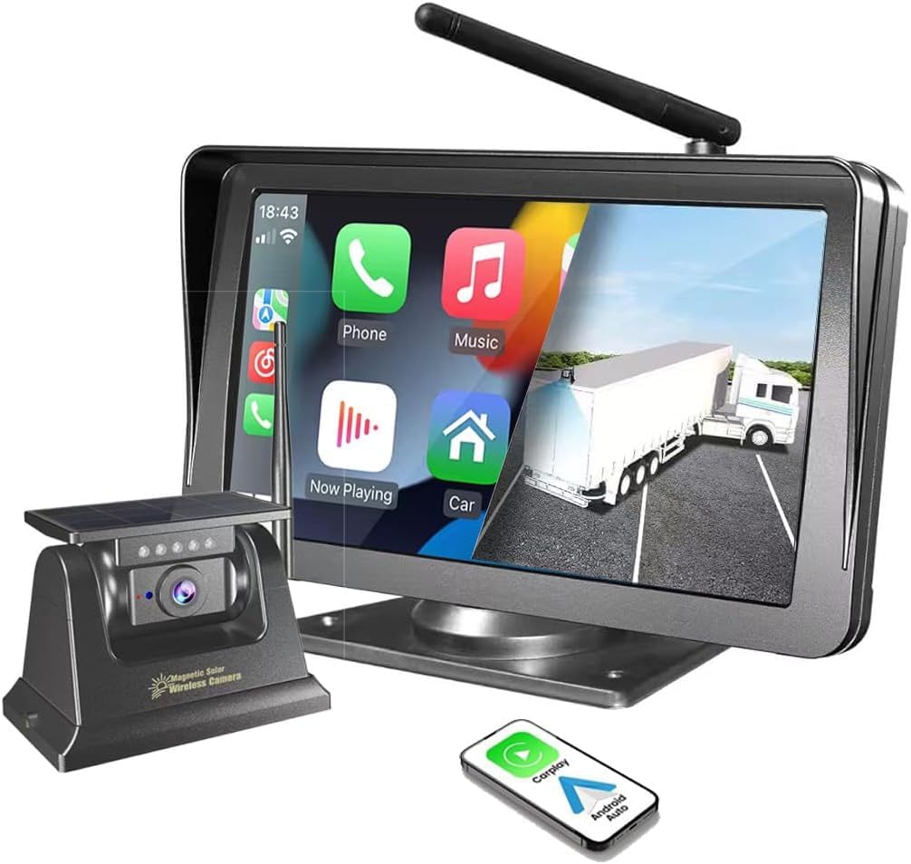 Câmera de ré de backup sem fio com Bluetooth, rádio estéreo de 7 polegadas, Android Auto, CarPlay, energia solar magnética, multimídia para RV, reboque, trator, caminhão GPS, navegação