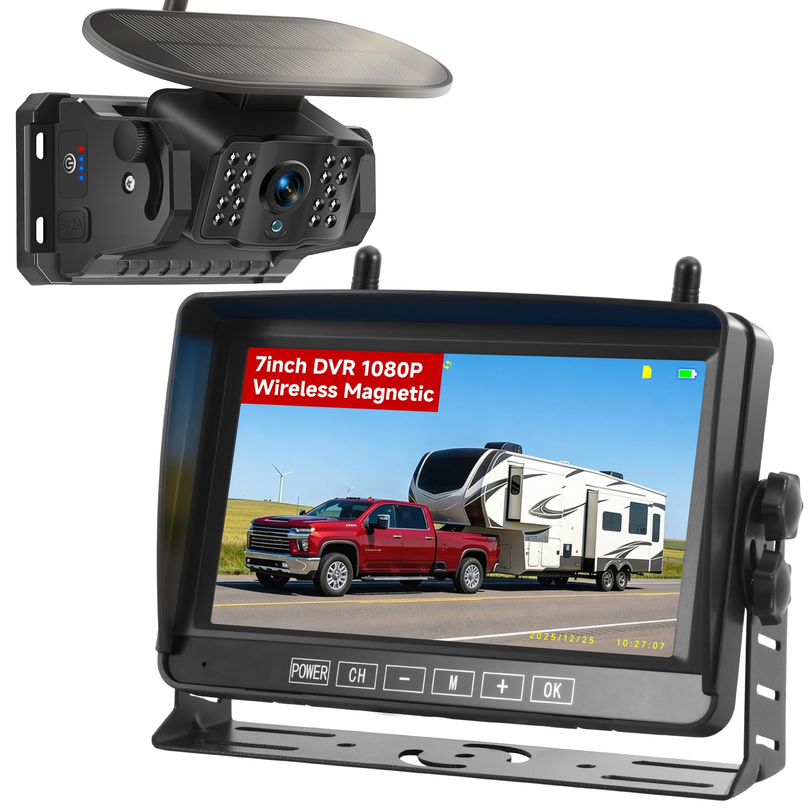 Câmera de reserva magnética sem fio para trailer, bateria de 15000 mAh, sistema de câmera reversa movida a energia solar com monitor de 1080p de 17,78 cm, tela dividida 4CH de alcance estável