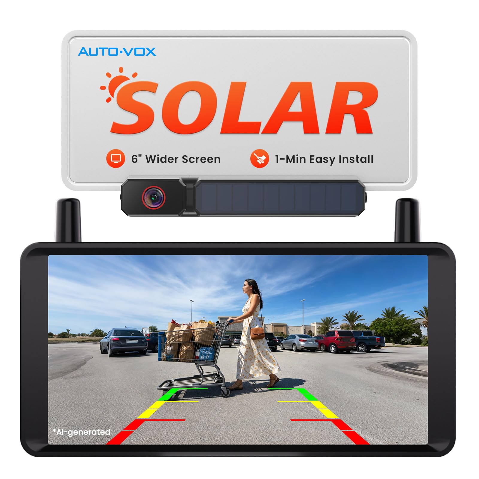 AUTO-VOX Câmera de reserva solar sem fio: sem perfuração de instalação rápida de 1 minuto, antena dupla para visualização ao vivo suave, tela 1080p de 6 polegadas com visão noturna colorida, bateria