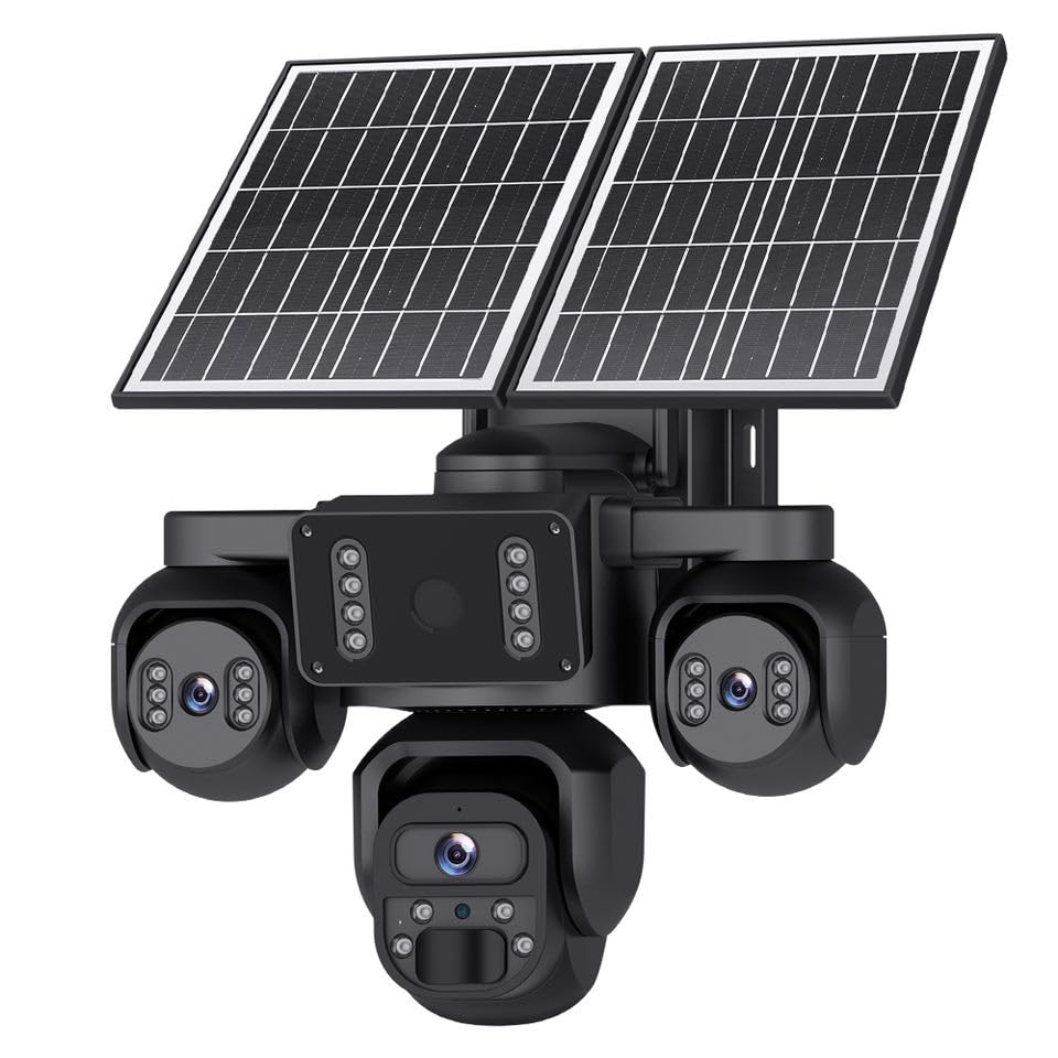 Câmera de segurança solar AOV de 9 MP ao ar livre, câmera WiFi sem fio com 3 lentes 360°, gravação 24 horas por dia, 7 dias por semana com detecção humana AOV + PIR, visão noturna colorida, IP66 à